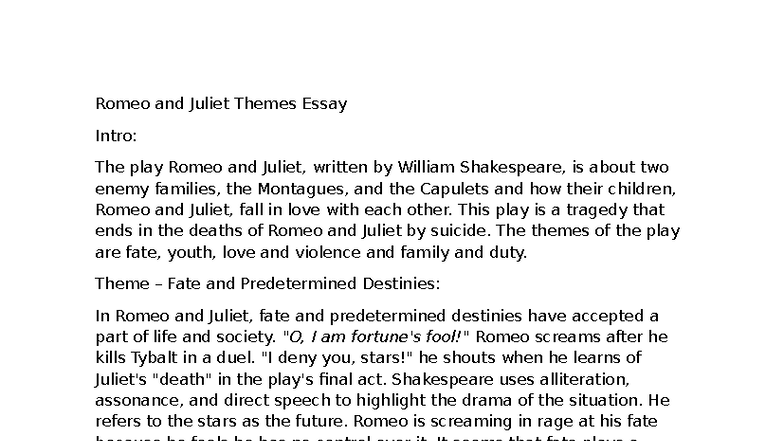 Romeo and Juliet Themes Essay: Exploring Love, Fate, and Youth - Studocu