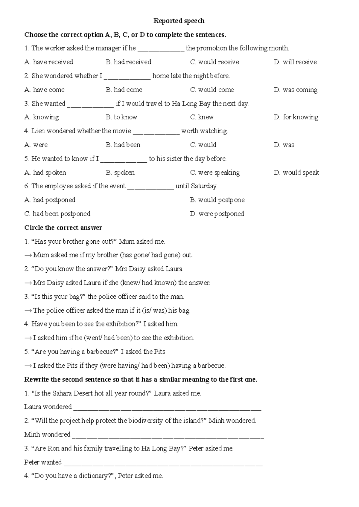 Reported Speech Practice Exercises for English 101 - Studocu