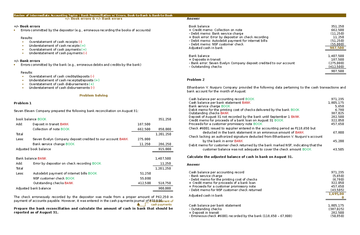 RIA 003 - Bank Reconciliation Errors: Book-to-Bank & Bank-to-Book ...