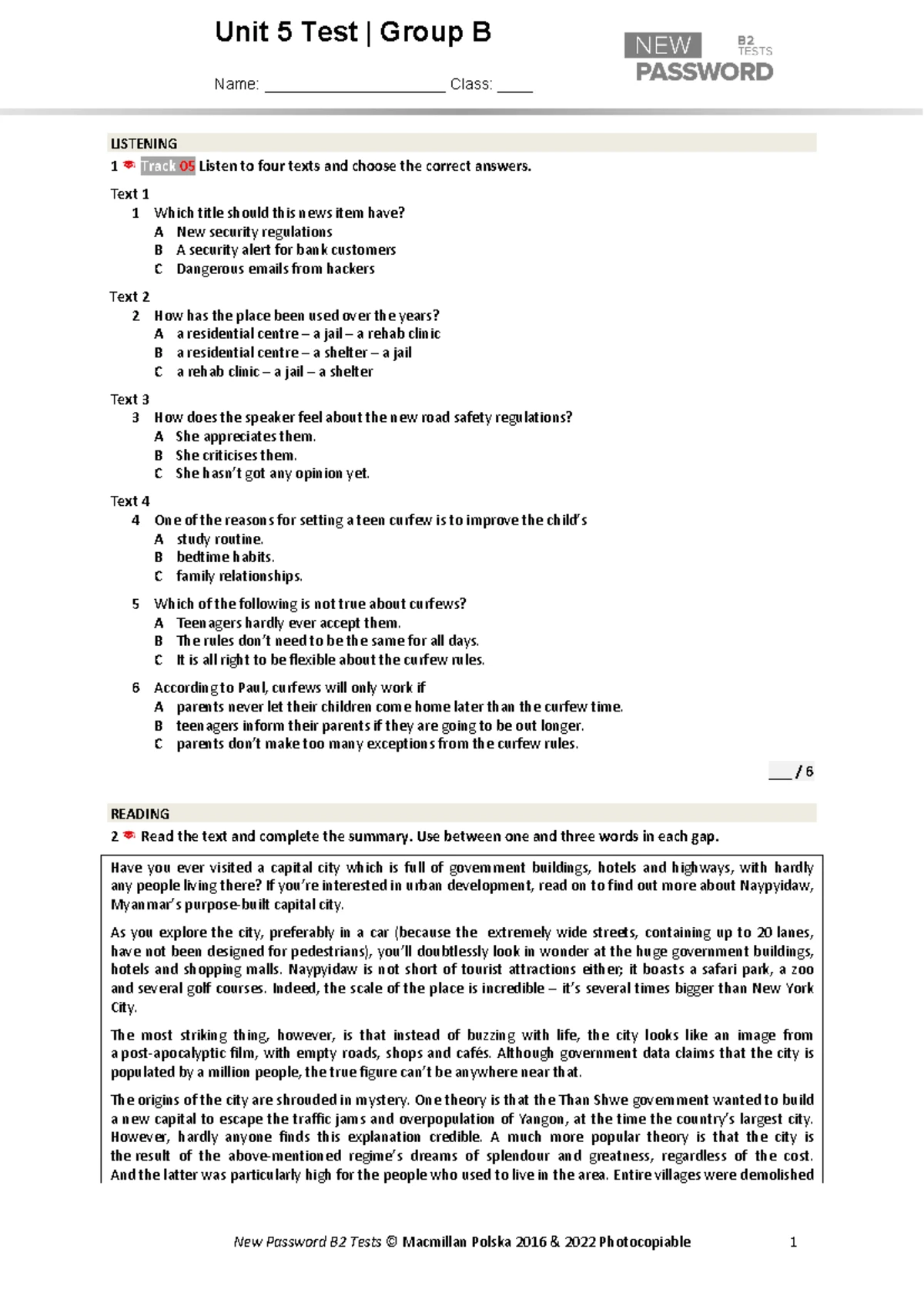 New Password B2 UT 3B - Unit 3 Listening & Reading Test with Answers ...