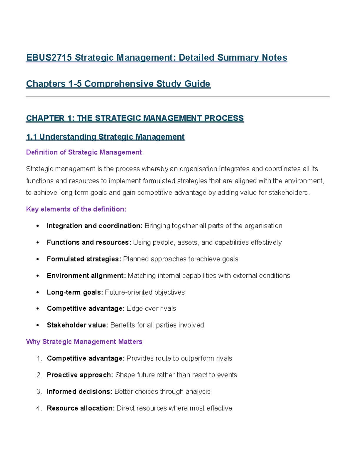 EBUS2715 Strategic Management: Comprehensive Study Guide for Chapters 1 ...