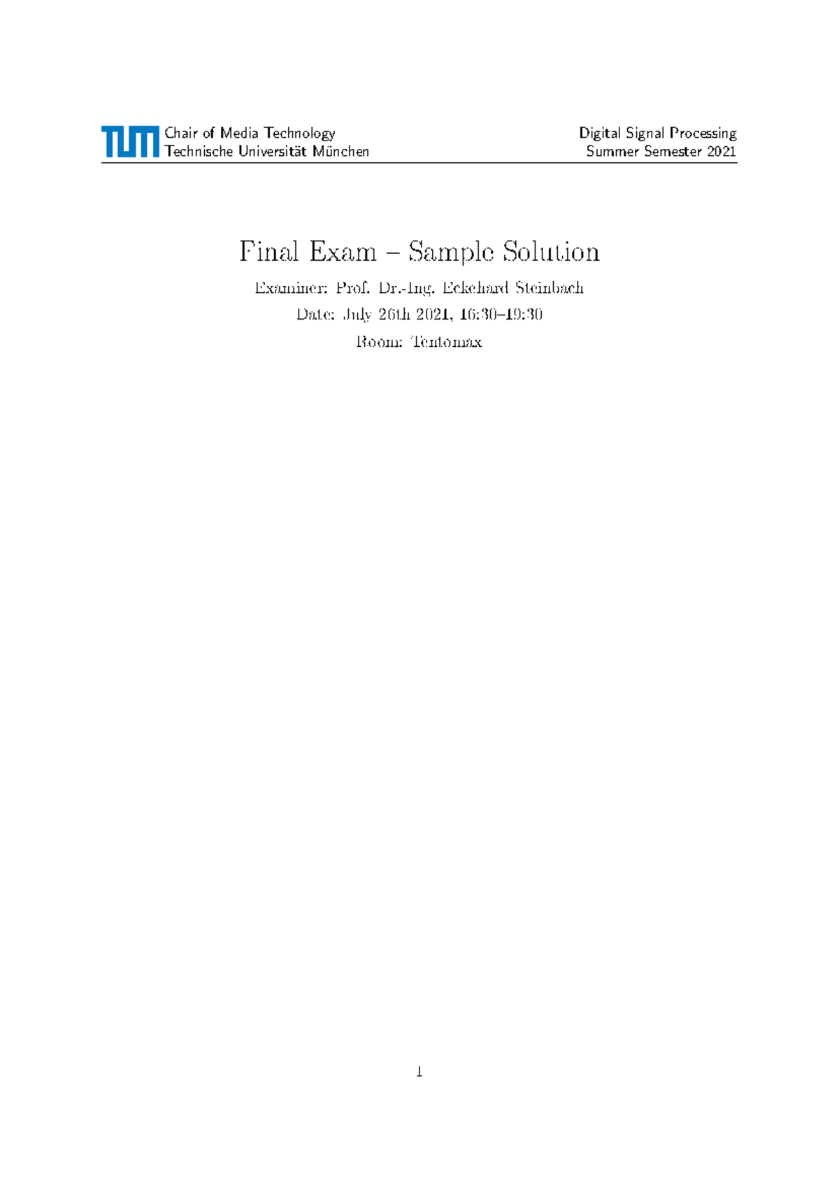Final Exam Se21 Solutions for Digital Signal Processing at TUM - Studocu