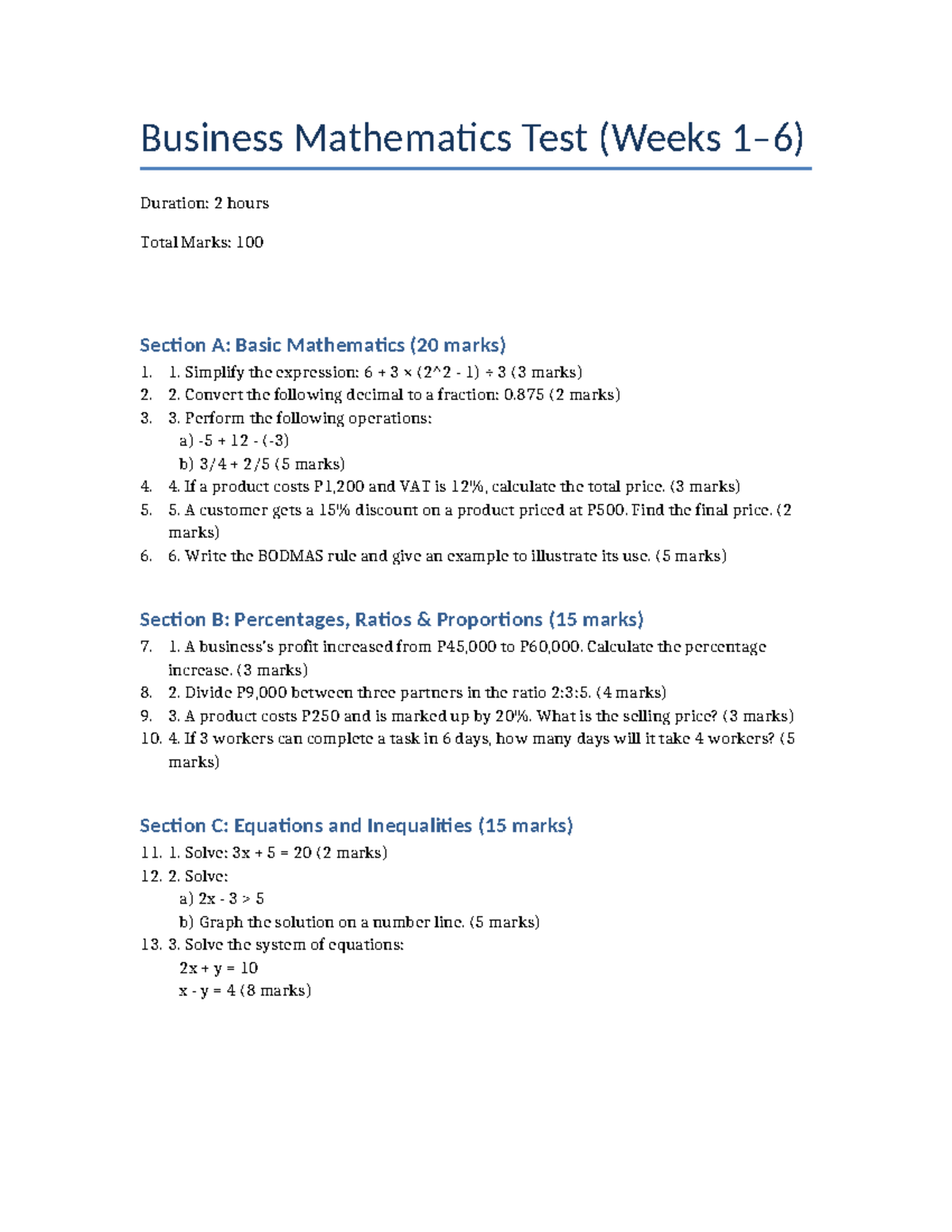 Business Mathematics Test (Weeks 1-6) - Comprehensive Review - Studocu