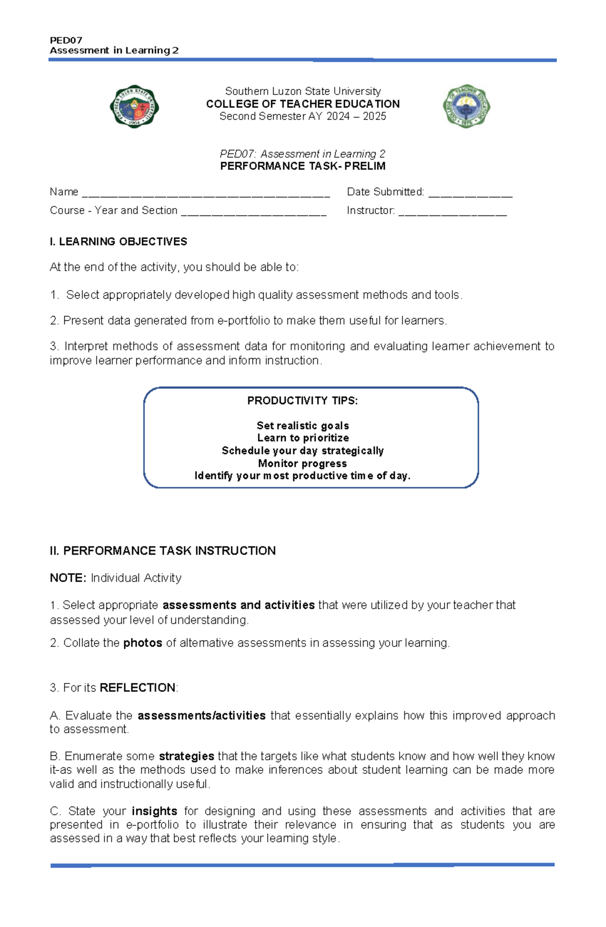 PED07 Prelim Performance Output - PED Assessment in Learning 2 Southern ...