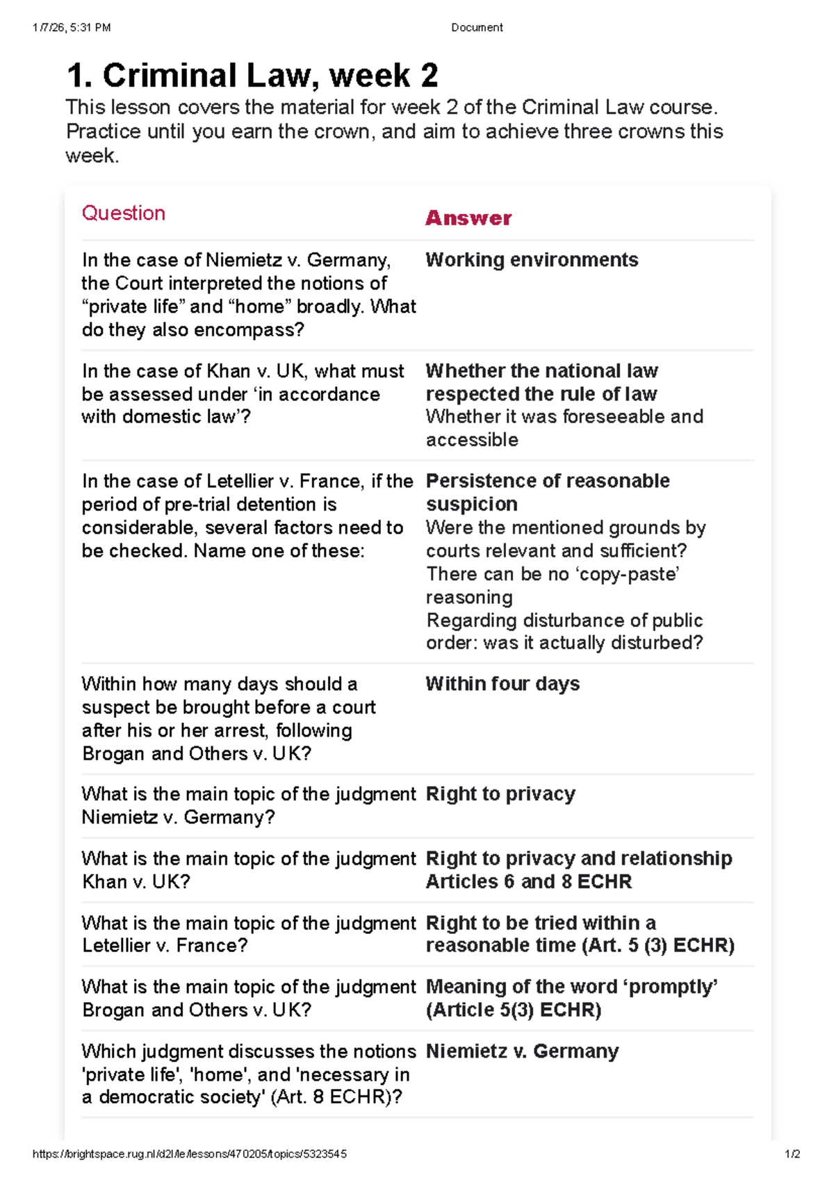 Criminal Law 1b: Week 2 Lesson Notes and Case Summaries - Studeersnel