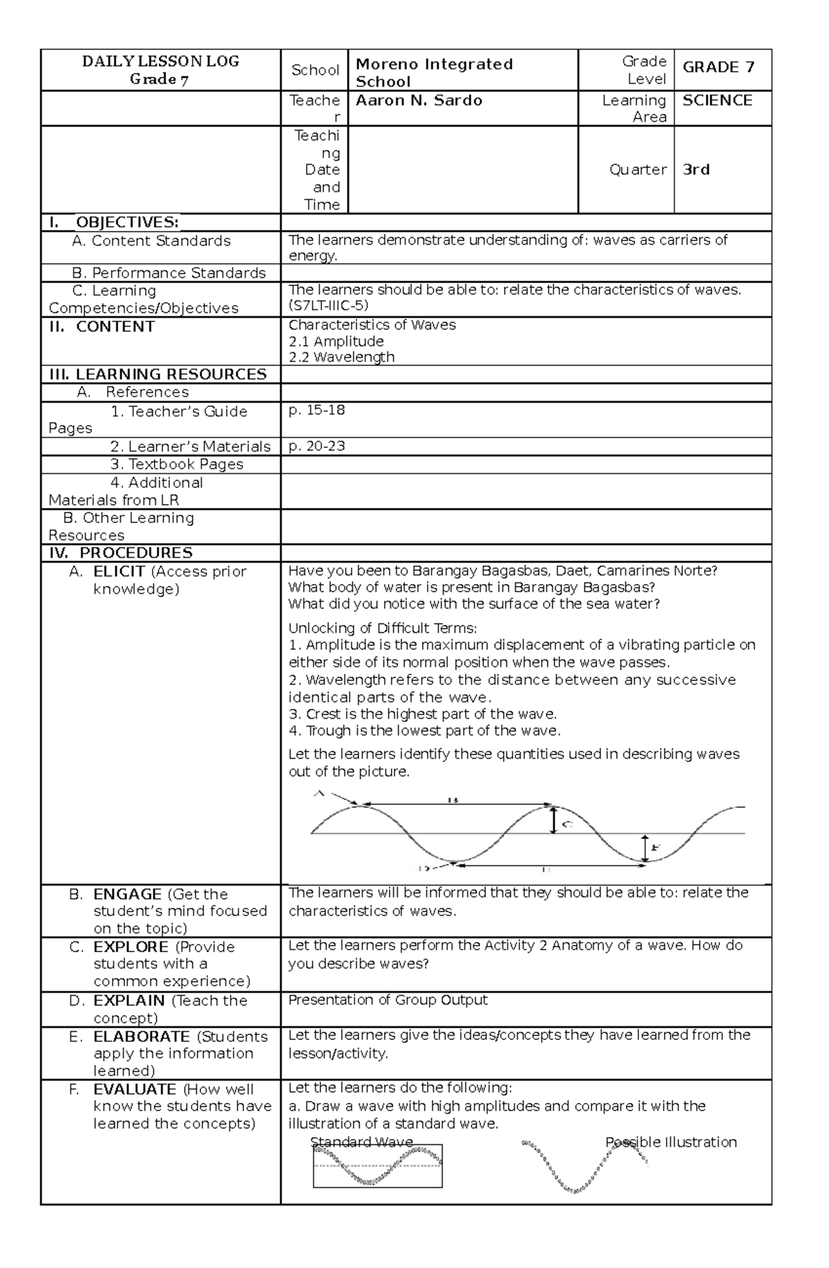 Dll grade 7 3rd amplitude and wavelength - DAILY LESSON LOG Grade 7 ...