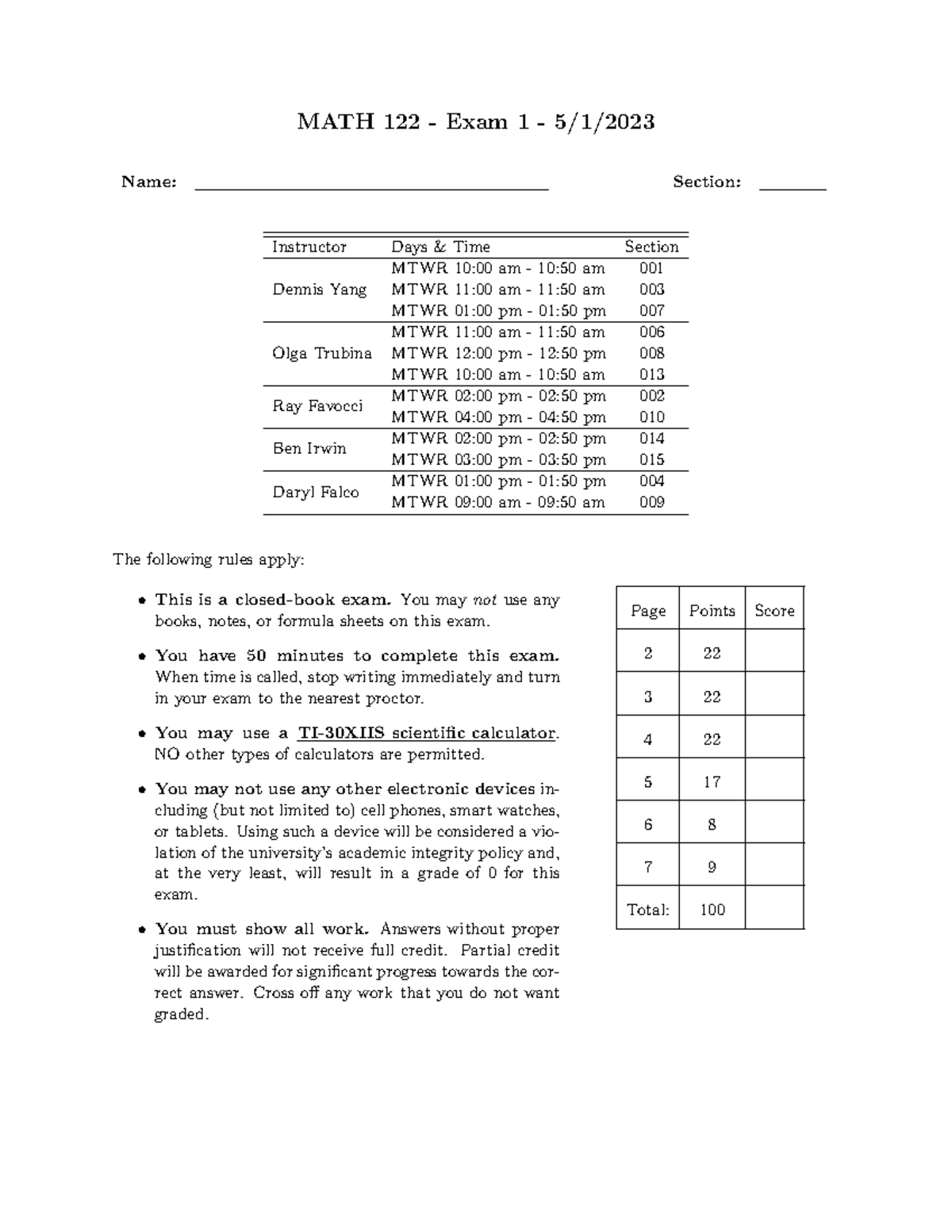 MATH122 Spring 2023 Exam 1 Rules & Integral Questions - Studocu