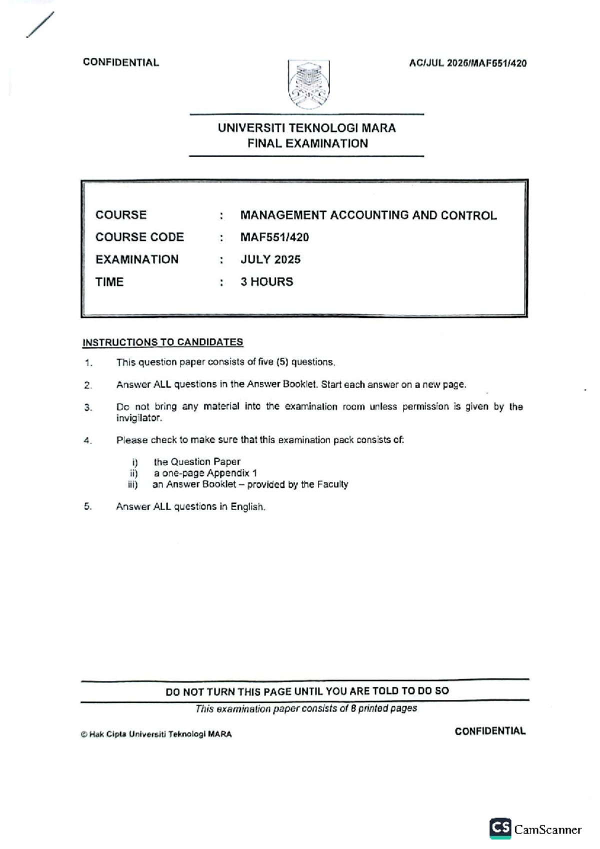 Management Accounting and Control Final Exam - July 2025 - Studocu