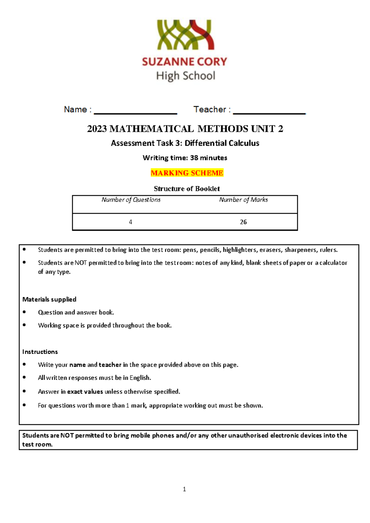 2023 MATHEMATICAL METHODS UNIT 2 Task 3 Solutions: Differential ...