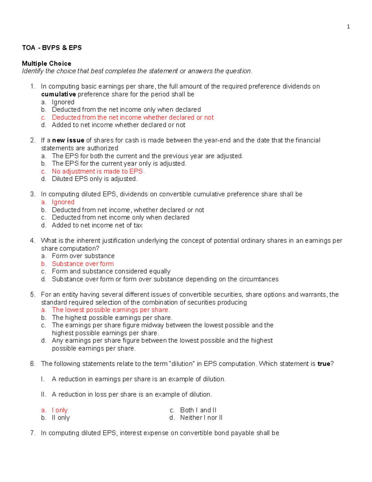 TOA BVPS EPS Multiple Choice Questions and Answers Notes - Studocu
