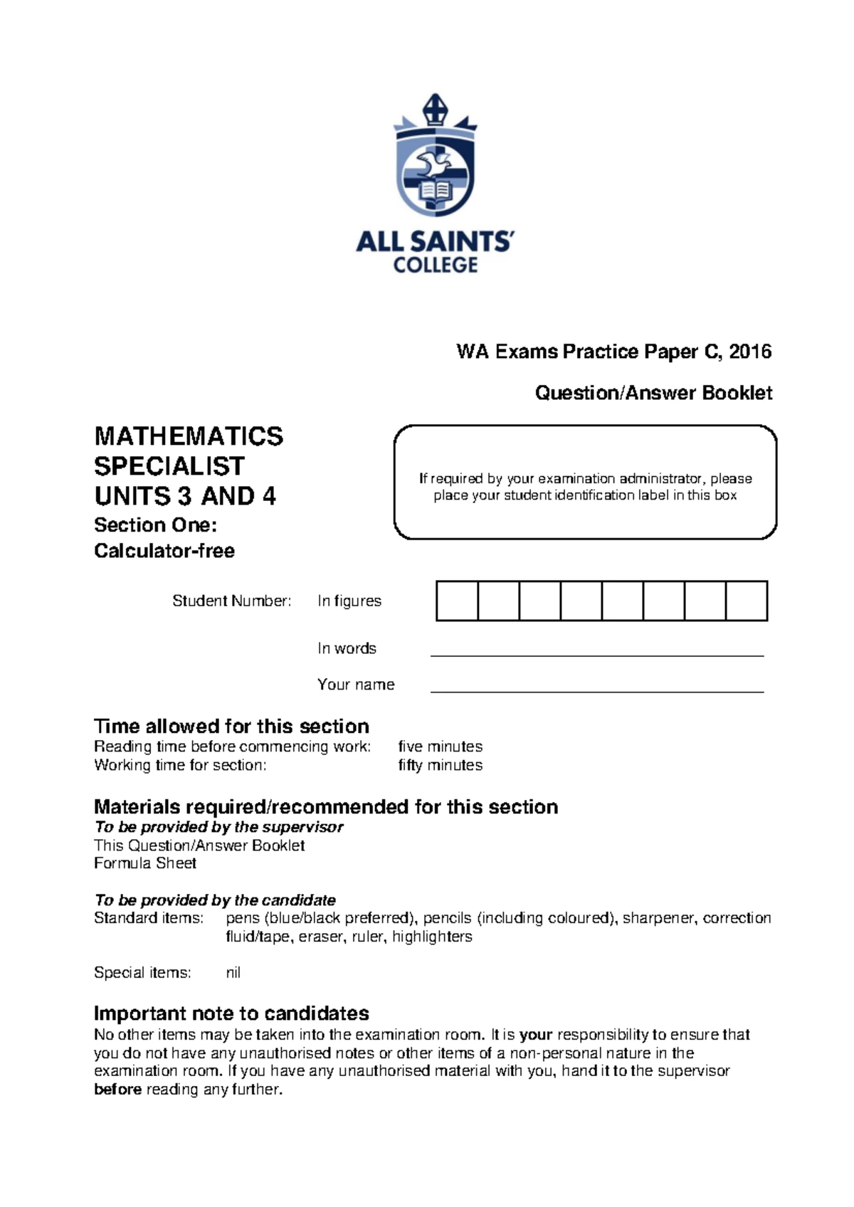 WA Exams Practice Paper C: Mathematics Specialist Units 3 & 4 Solutions ...