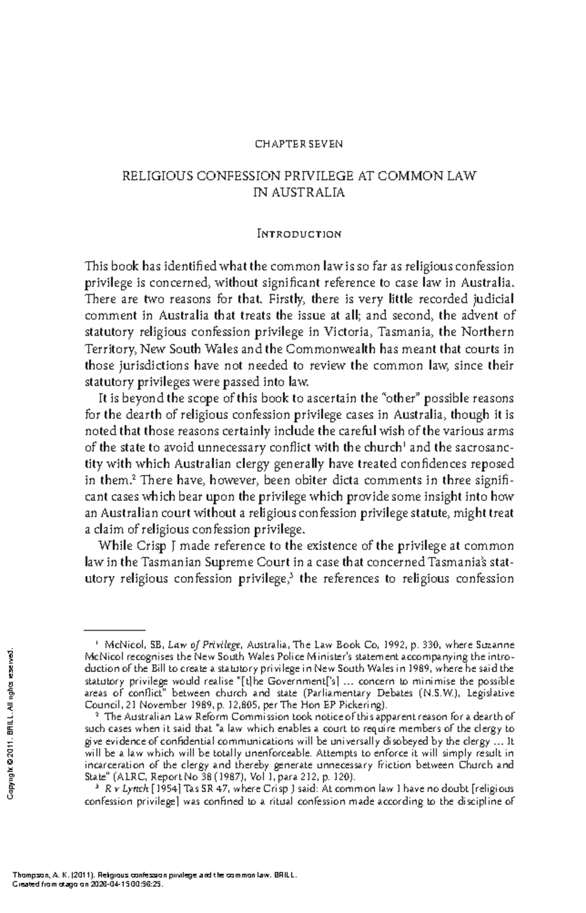 Religious Confession Privilege at Common Law in Australia - Chapter 7 ...
