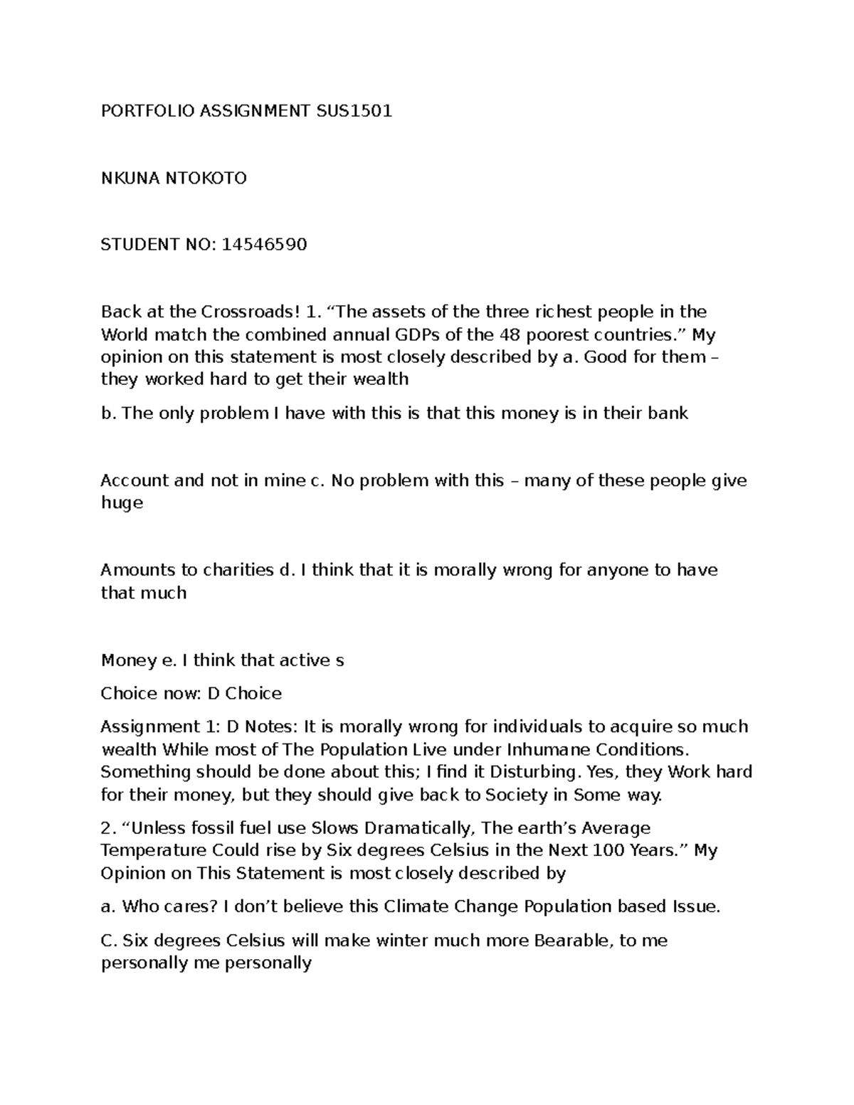 SUS1501 Portfolio Assignment: Reflections on Wealth and Sustainability ...