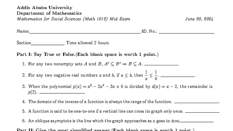Math 1012 Mid Exam June 2024 - Addis Ababa University - Studocu