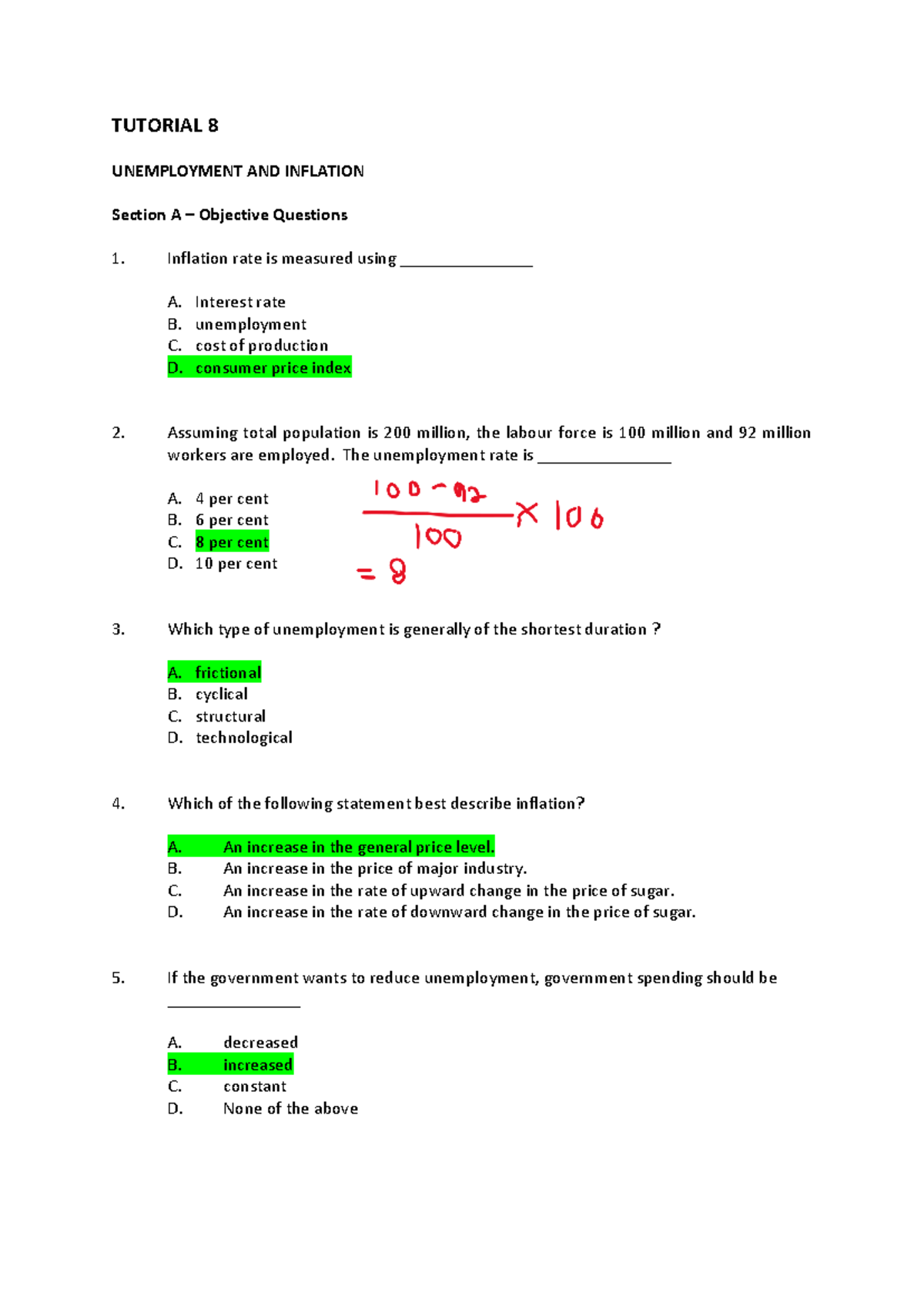 Tutorial 8 Unemployment AND Inflation (SAFI) - TUTORIAL 8 UNEMPLOYMENT ...