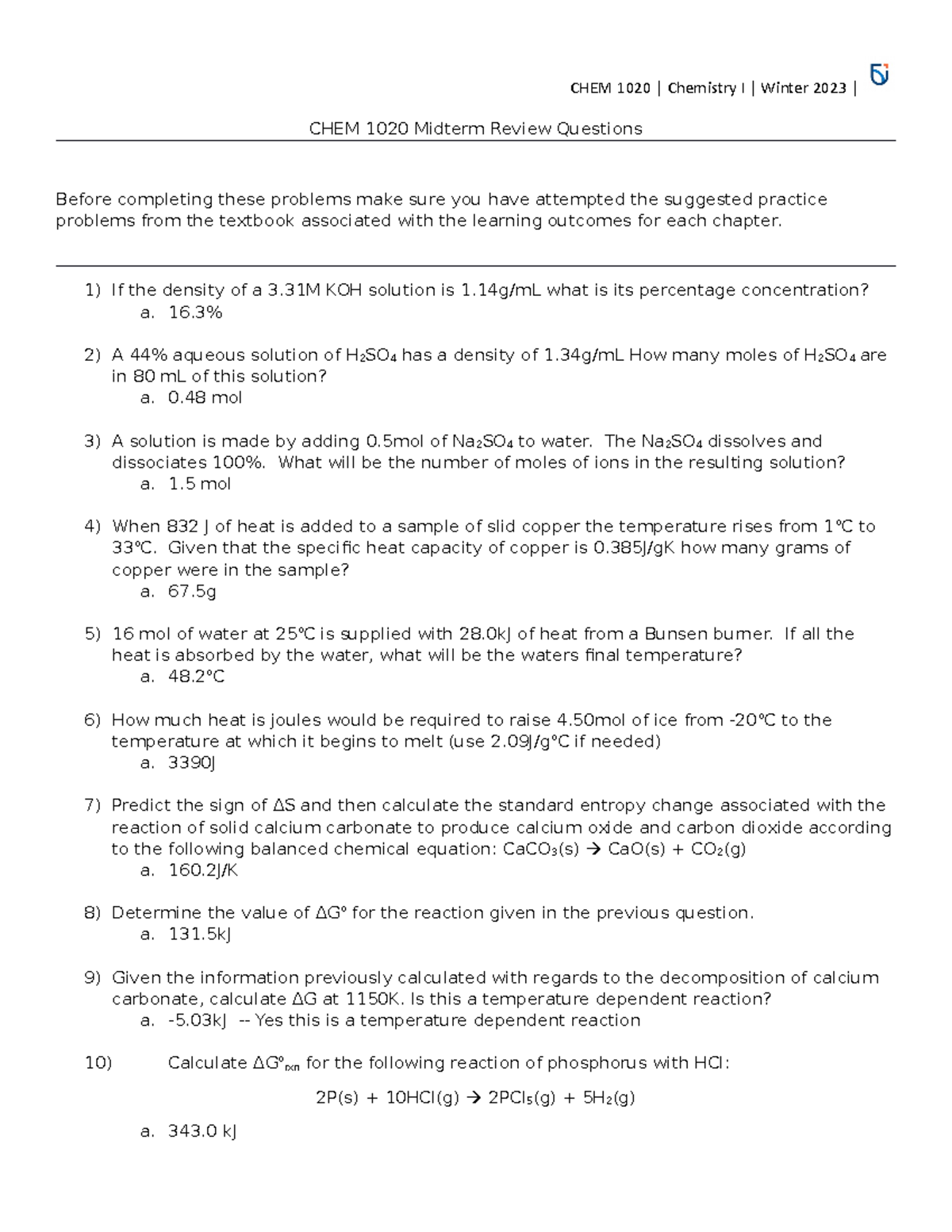 CHEM 1020 Midterm Review Questions - Winter 2023 Study Guide - Studocu