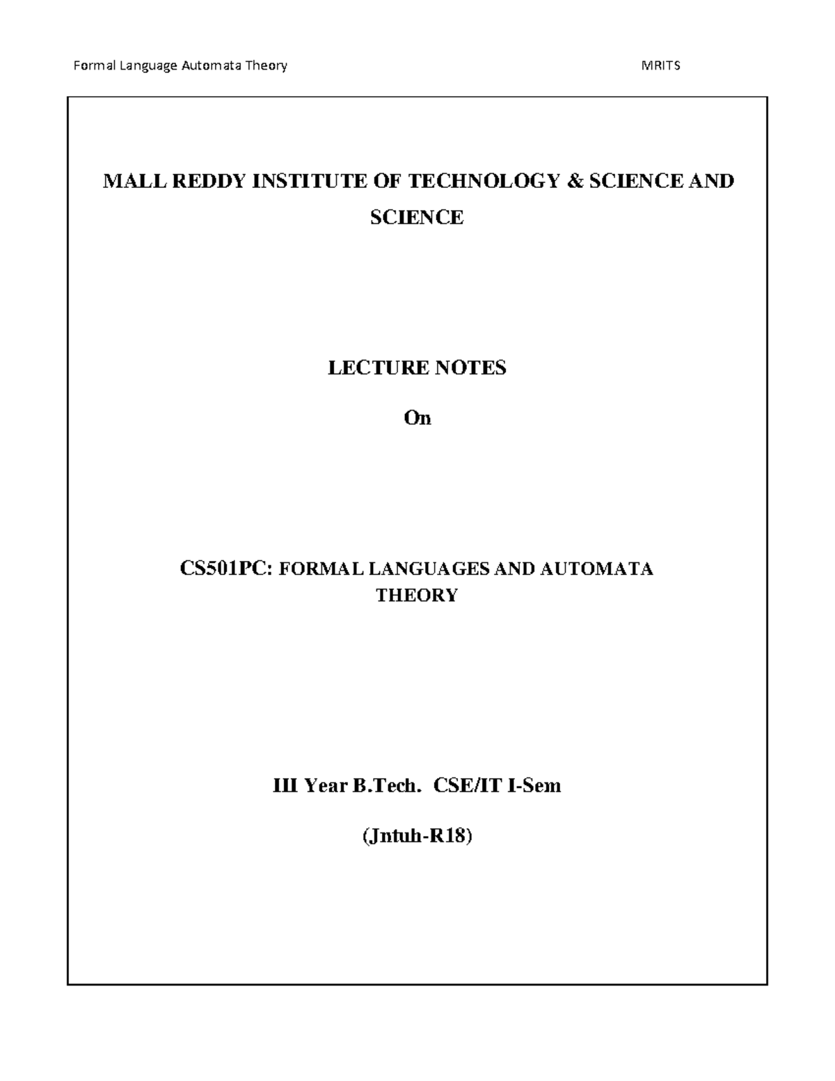 CS501PC: Formal Languages and Automata Theory Lecture Notes - Studocu