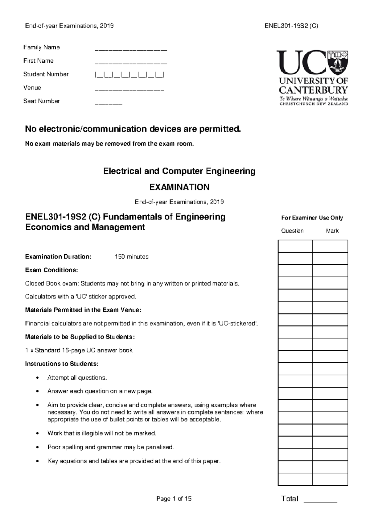 ENEL301 Final Exam 2019: Fundamentals of Engineering Economics - Studocu