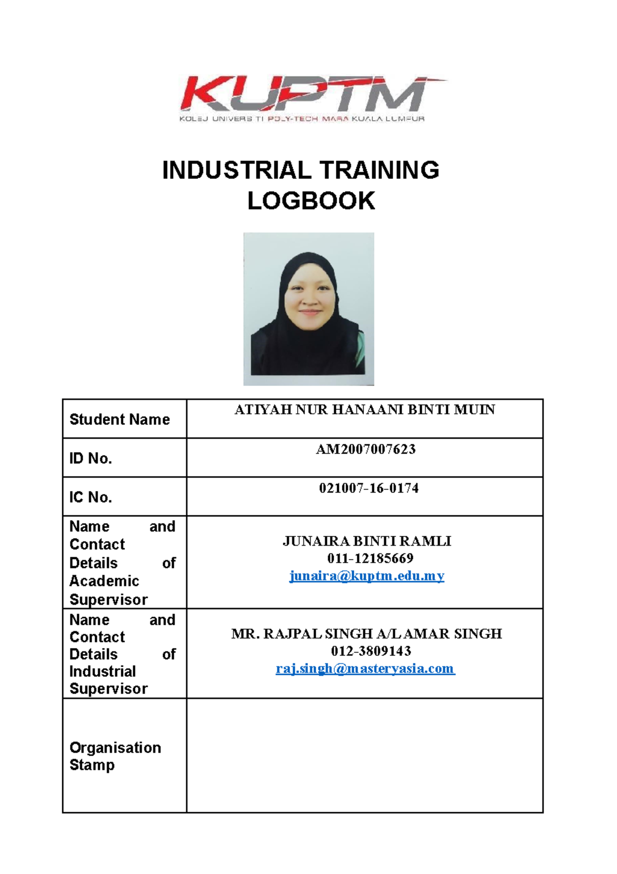 Industrial Training Logbook for SUKIPT 2022 - Student Activities Record ...