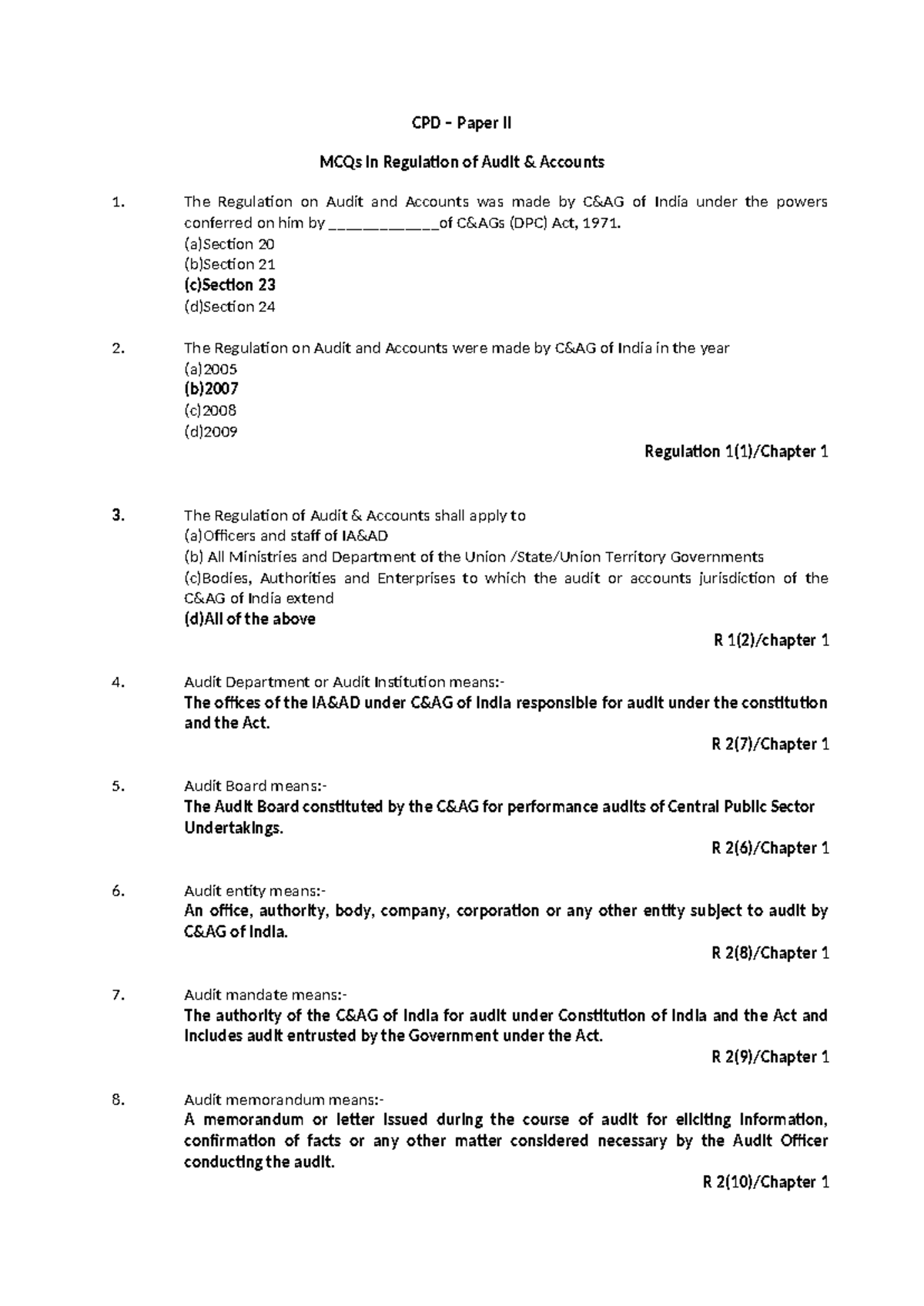 CPD Paper II: MCQs on Regulation of Audit Accounts 202008 - Studocu