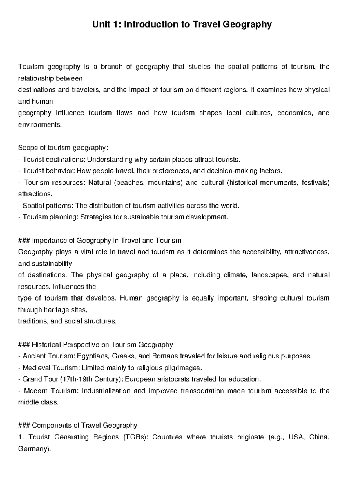 Tourism Geography Unit1 - Unit 1: Introduction to Travel Geography ...
