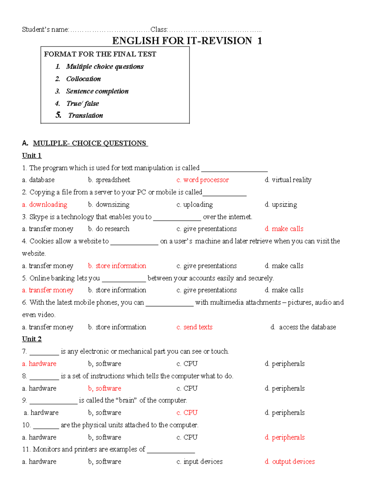 ENGLISH FOR 1: FORMAT FOR THE FINAL TEST - Multiple Choice & More - Studocu