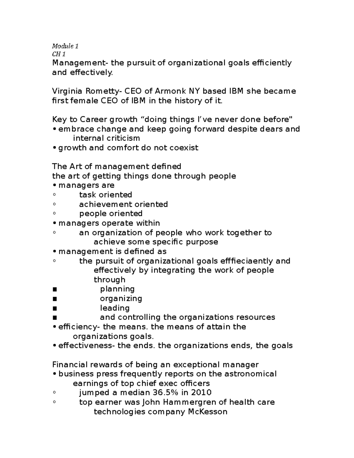 MGT 201 Module 1 - Key Concepts and Summary of Management Principles ...