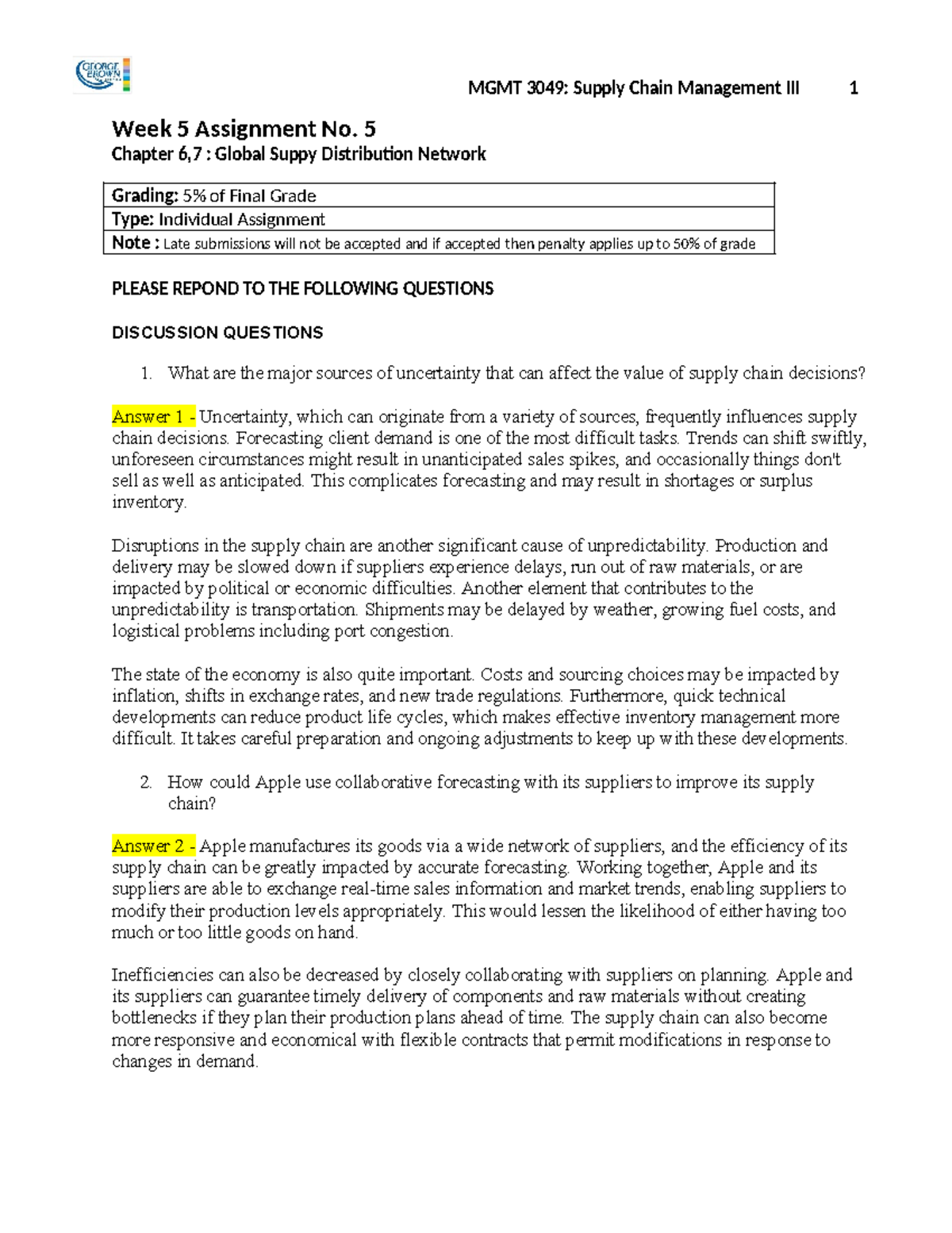 Week 5- Assignment no. 5 - MGMT 3049: Supply Chain Management III 1 ...