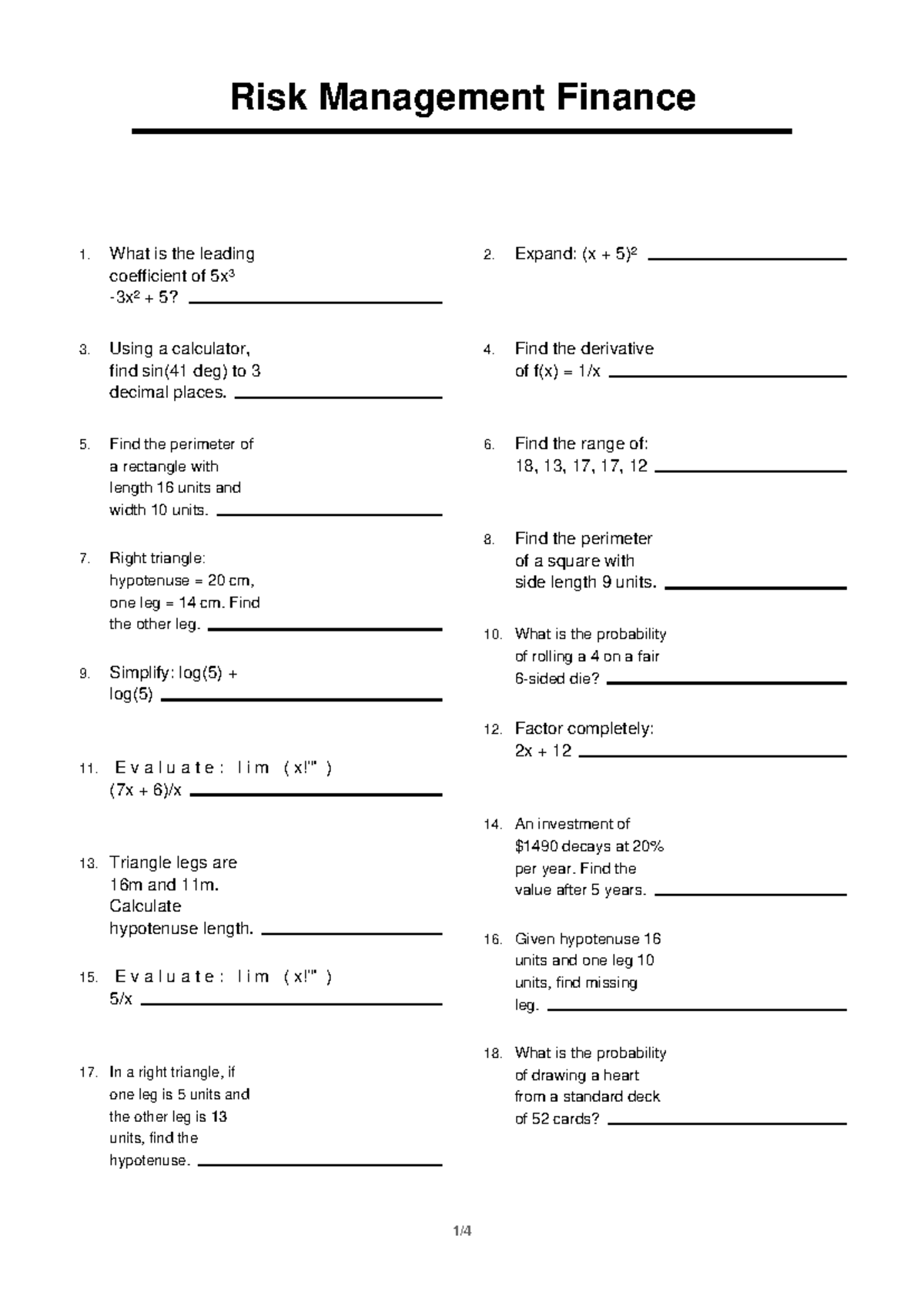 Risk Management Finance 3: Comprehensive Problem Set Solutions - Studocu