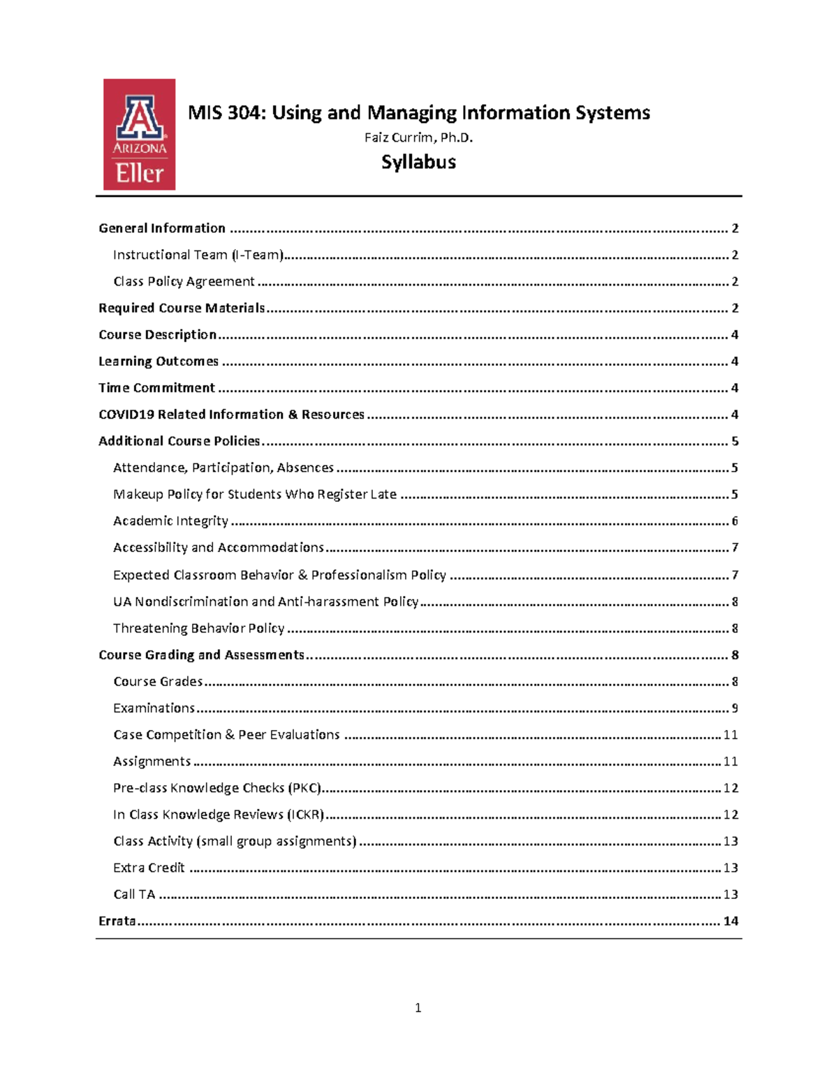 MIS304 - Comprehensive Course Syllabus for Using and Managing ...