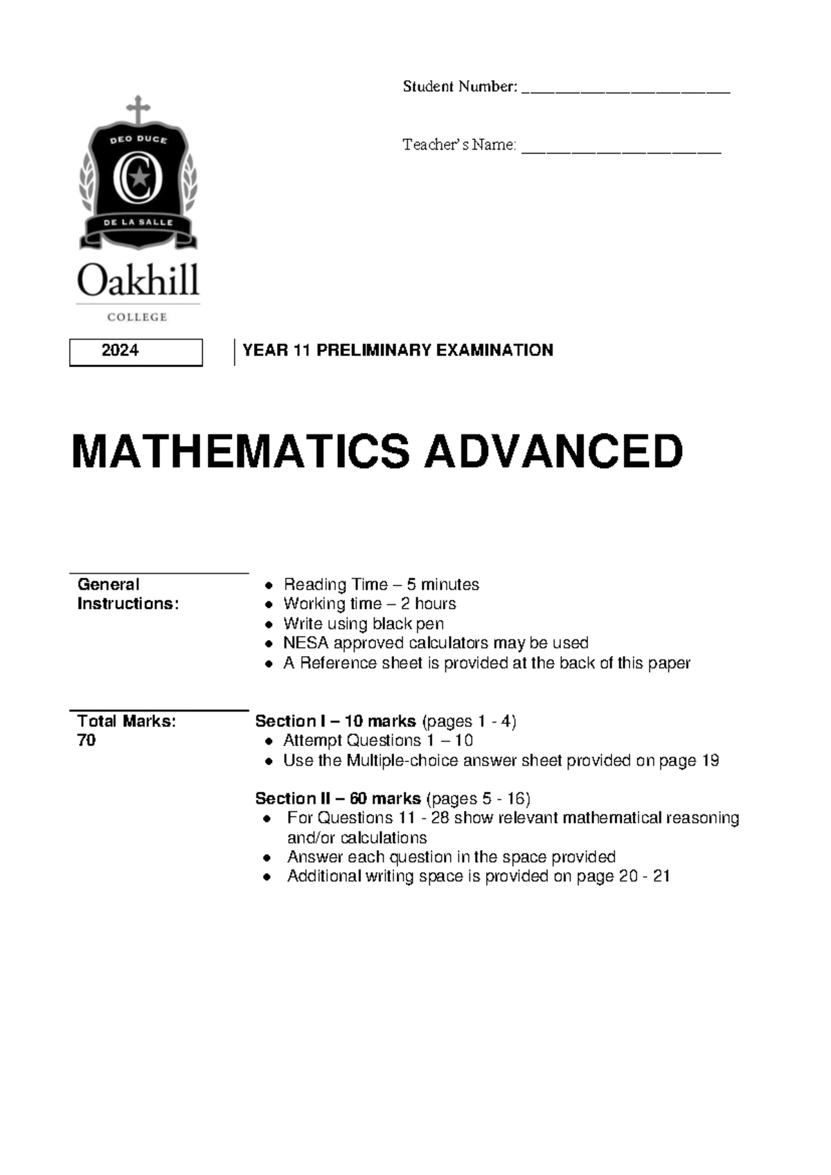 Oakhill College Year 11 Mathematics Advanced T3 Preliminary Exam 2021 ...
