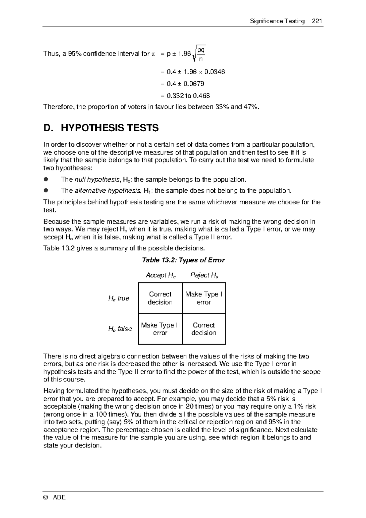 Hypothesis Testing - Lecture notes 1 - Thus, a 95% confidence interval ...