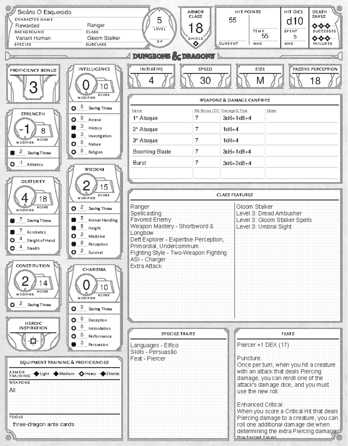Ranger Level 5 Character Sheet - Sicário O Esquecido - Studocu