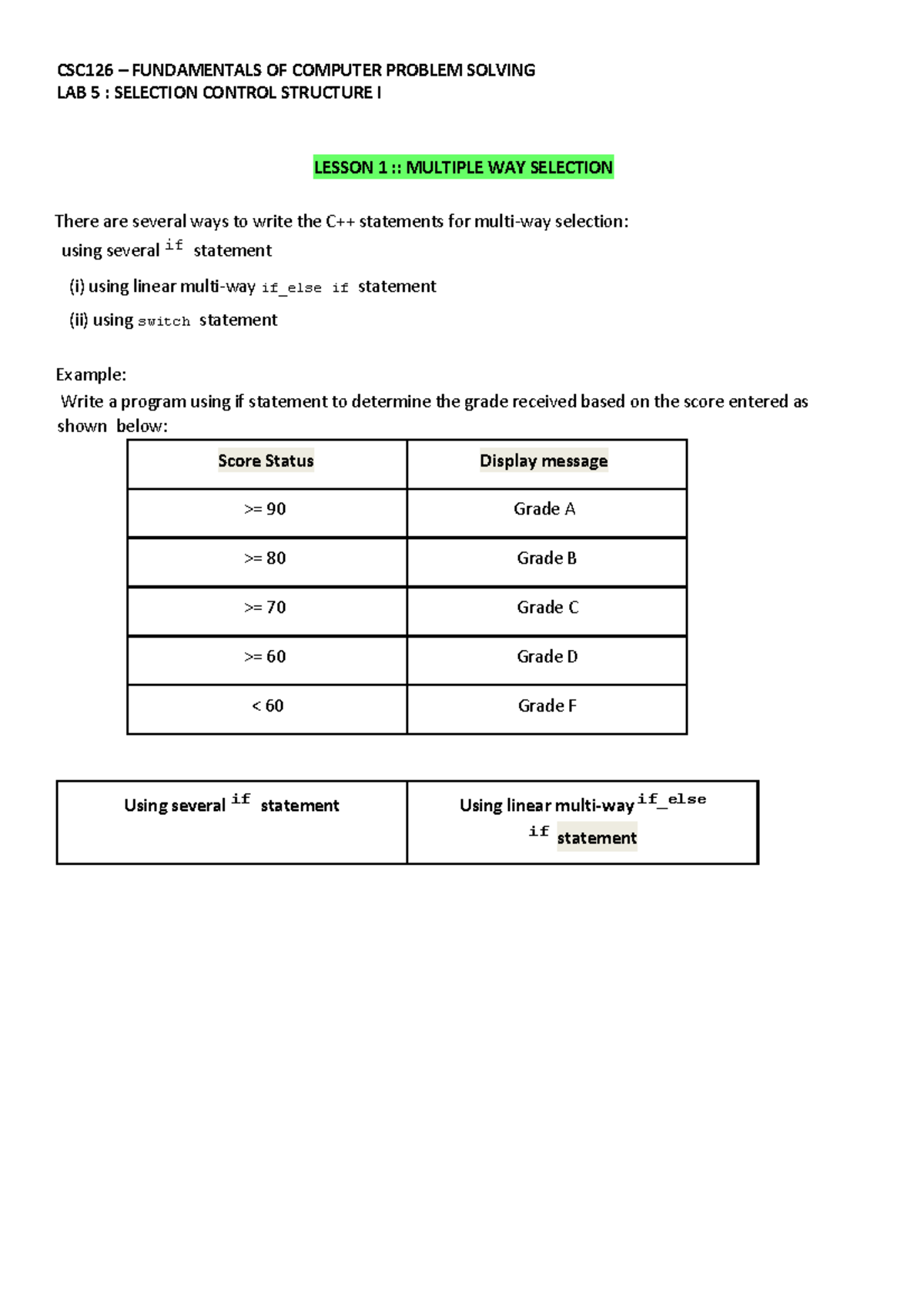 CSC126 LAB 5: SELECTION CONTROL STRUCTURE II - MULTIPLE WAYS - Studocu