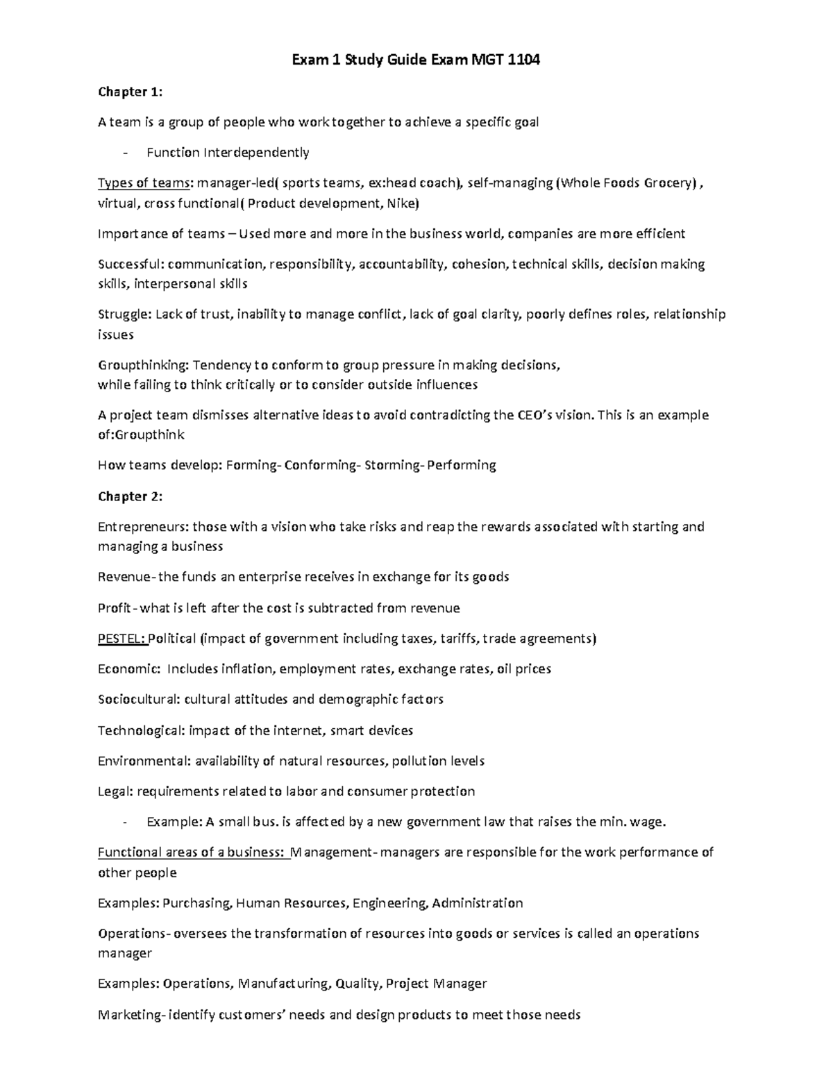 Exam 1 Study Guide: Key Concepts for MGT 1104 Fall 2023-1 - Studocu