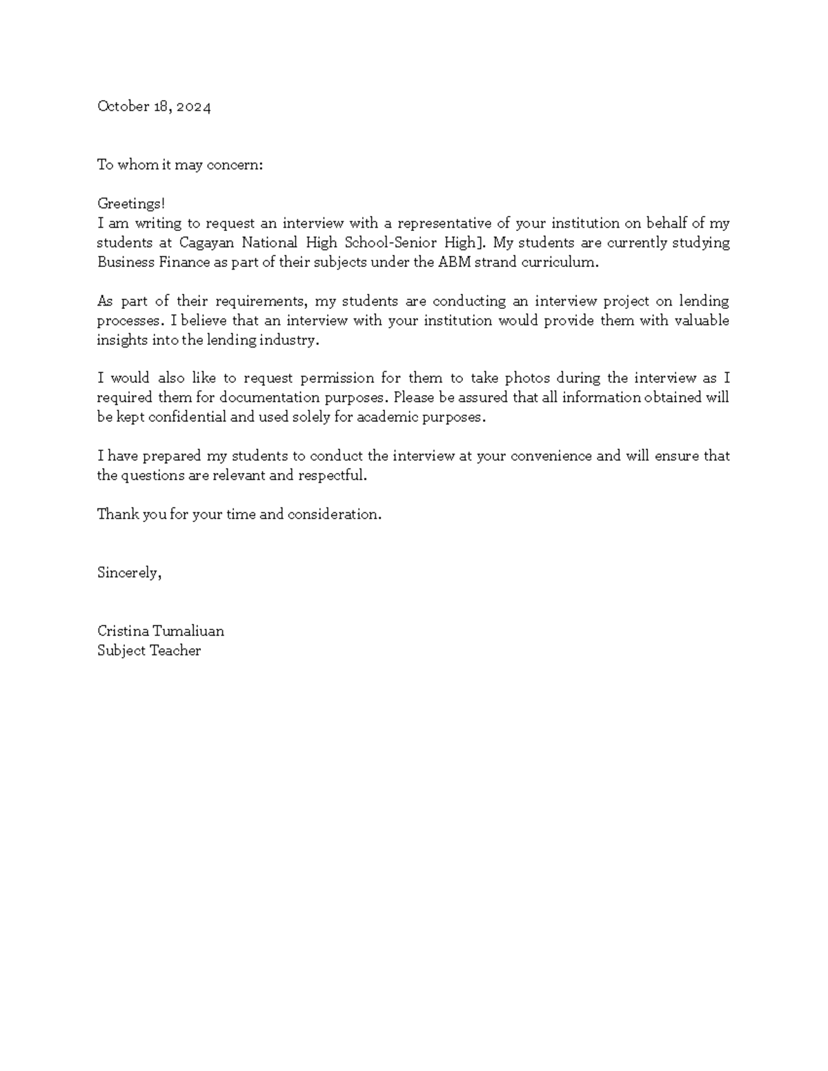 Interview Request Letter - ABM Project for Humss Students - Studocu