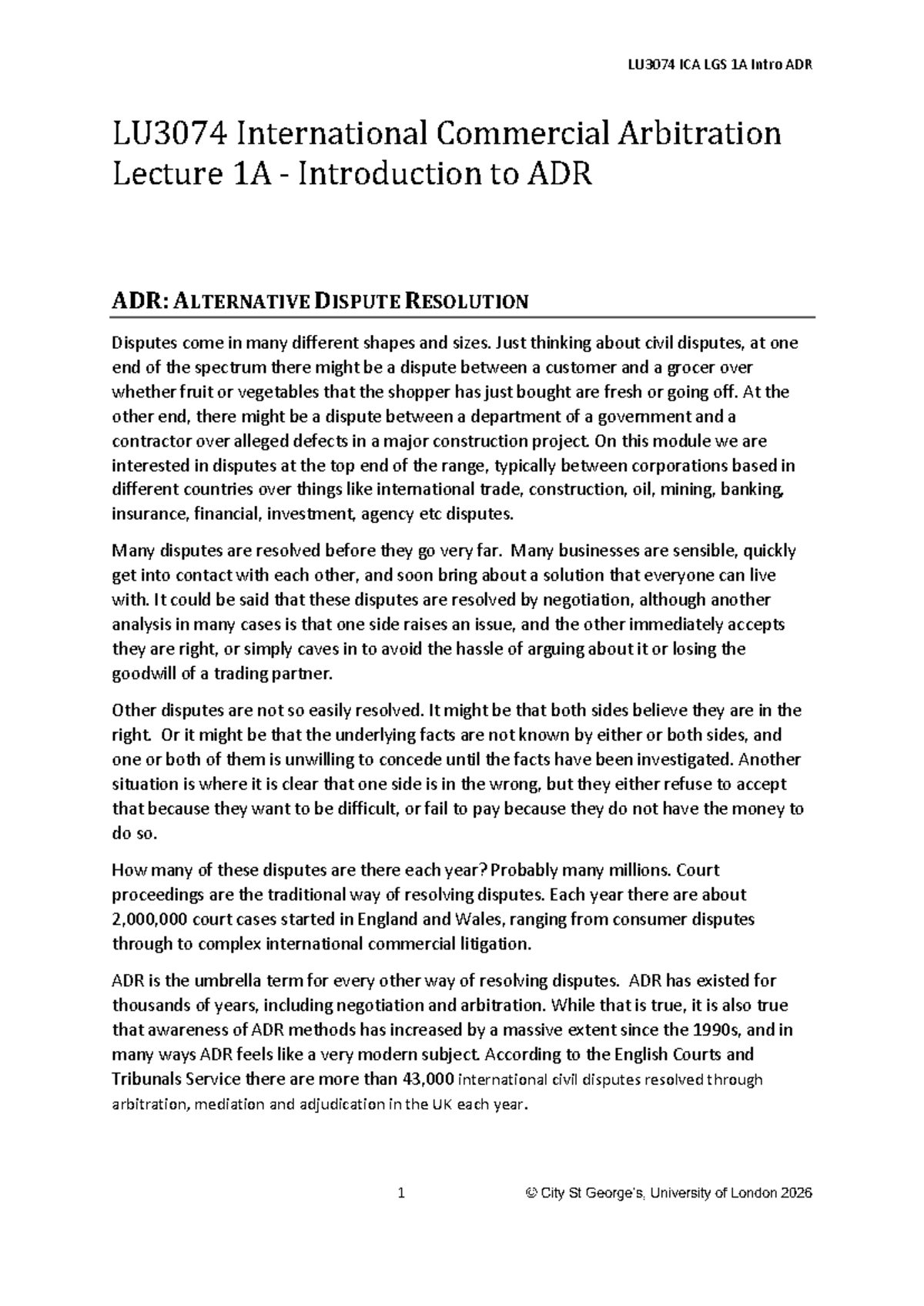 LU3074 ICA LGS 1A Introduction to ADR Lecture Notes - Studocu