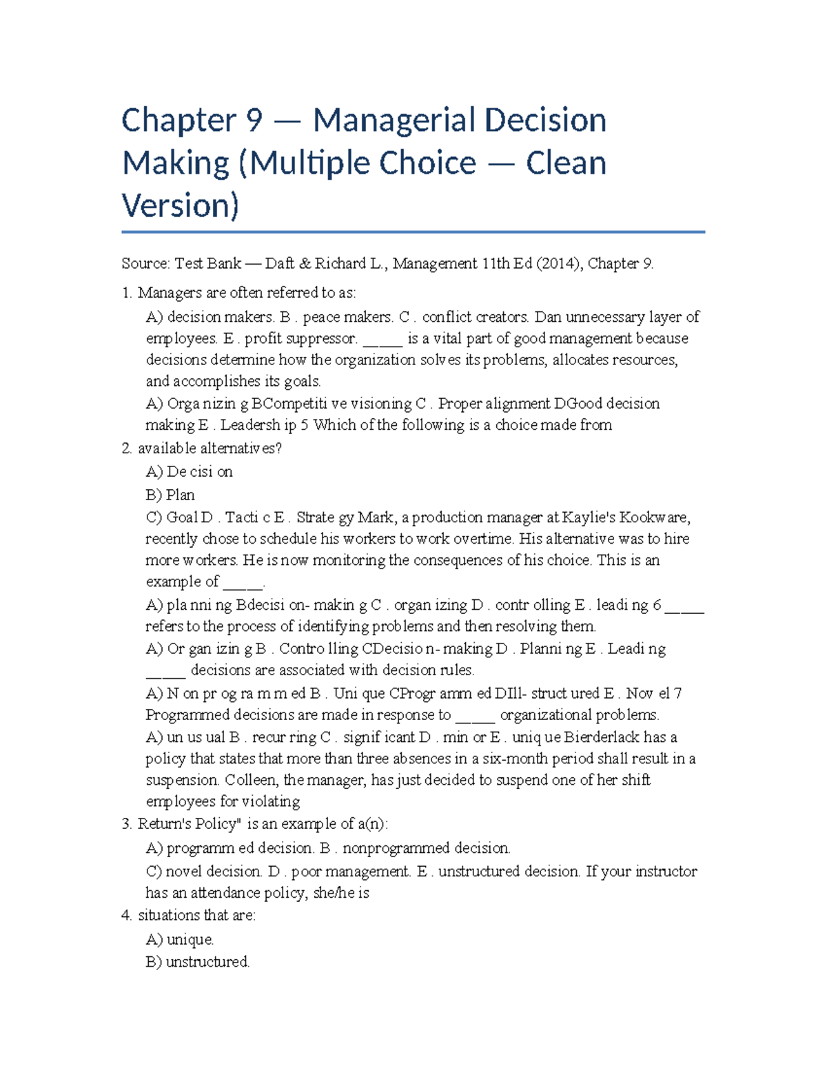 Chapter 9 Managerial Decision Making - Multiple Choice Questions - Studocu