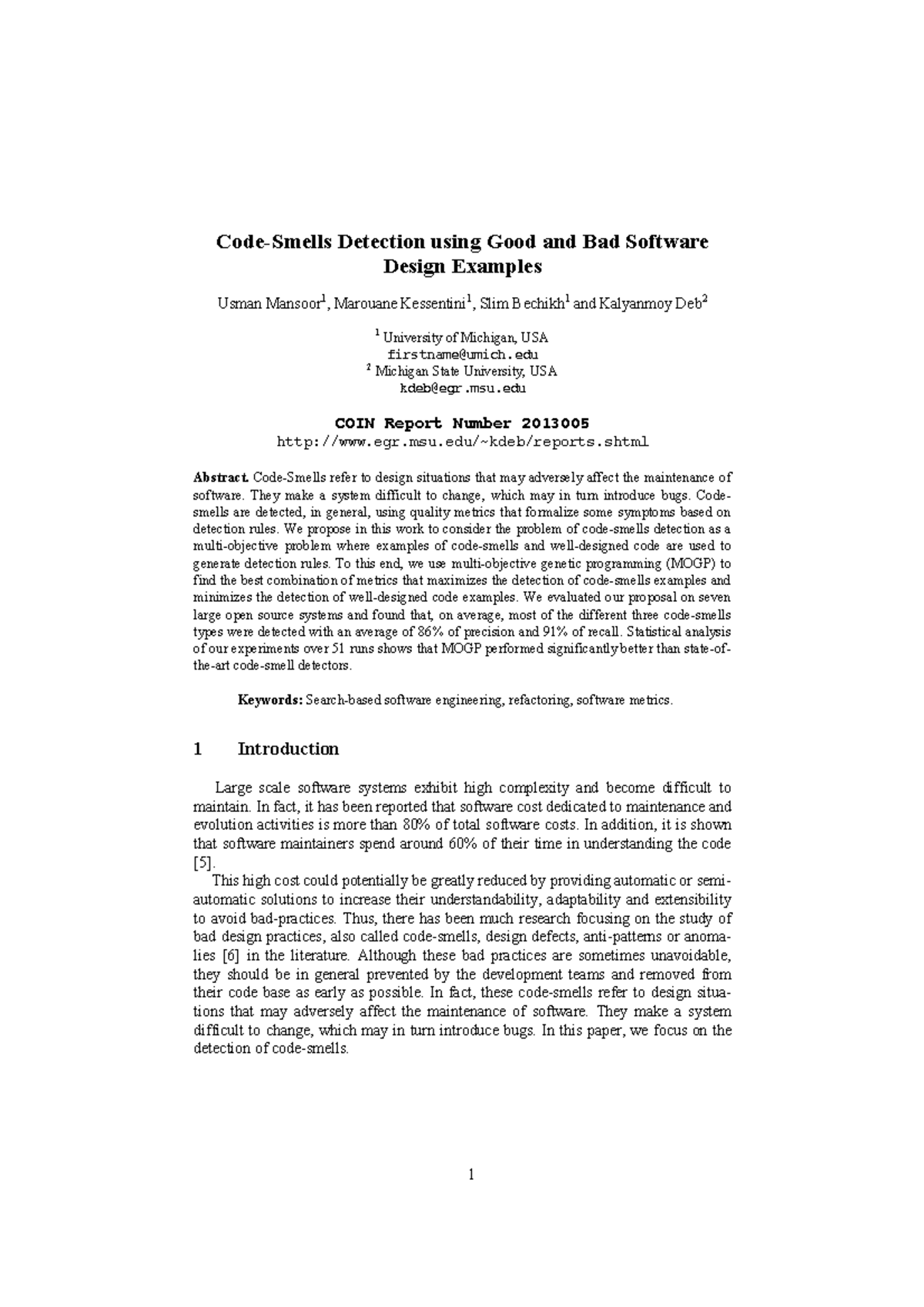 C2013 005 - Multi-Objective Approach to Code-Smells Detection - Studocu