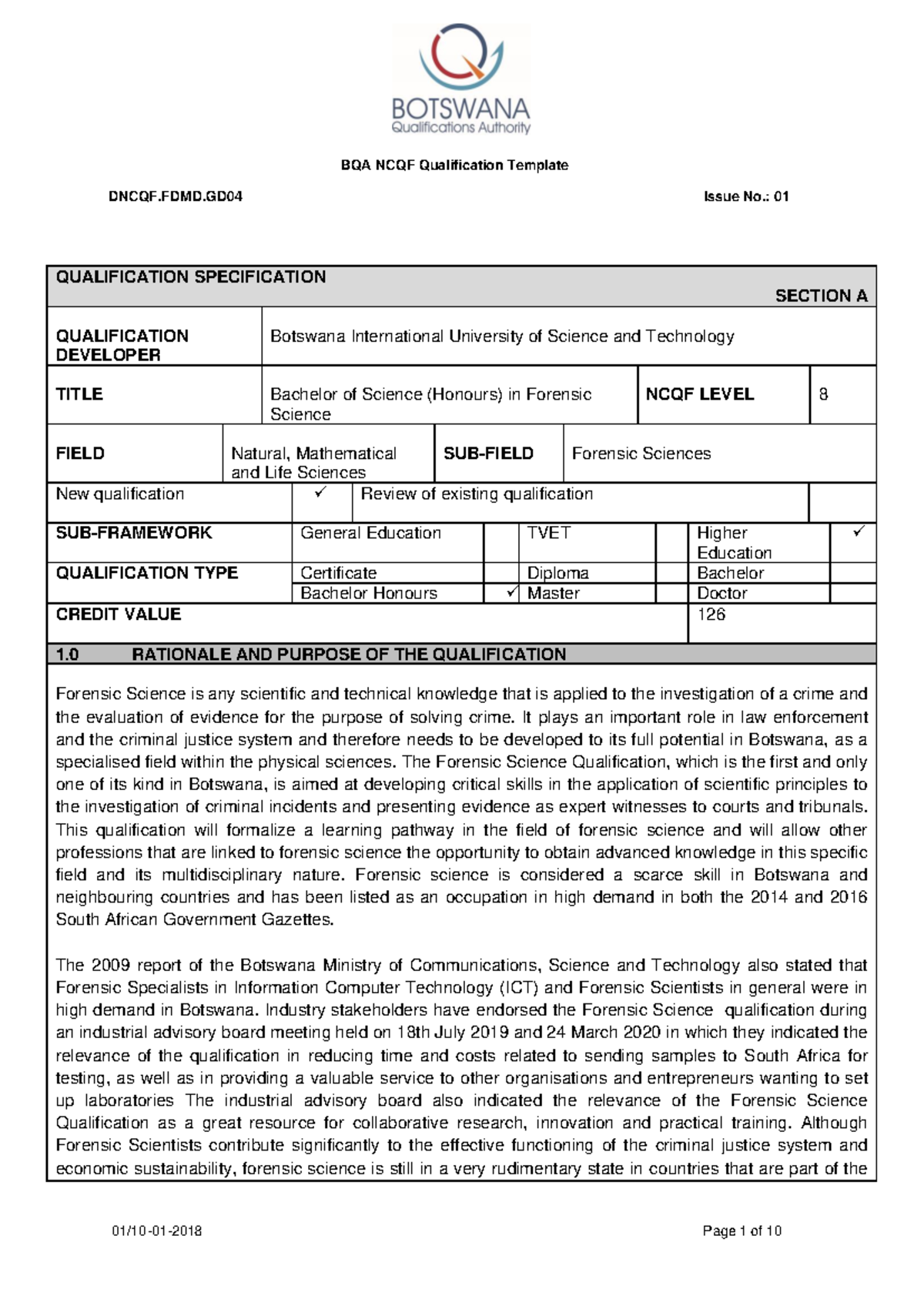 BQA NCQF Qualification Specification: BSc (Hons) in Forensic Science ...