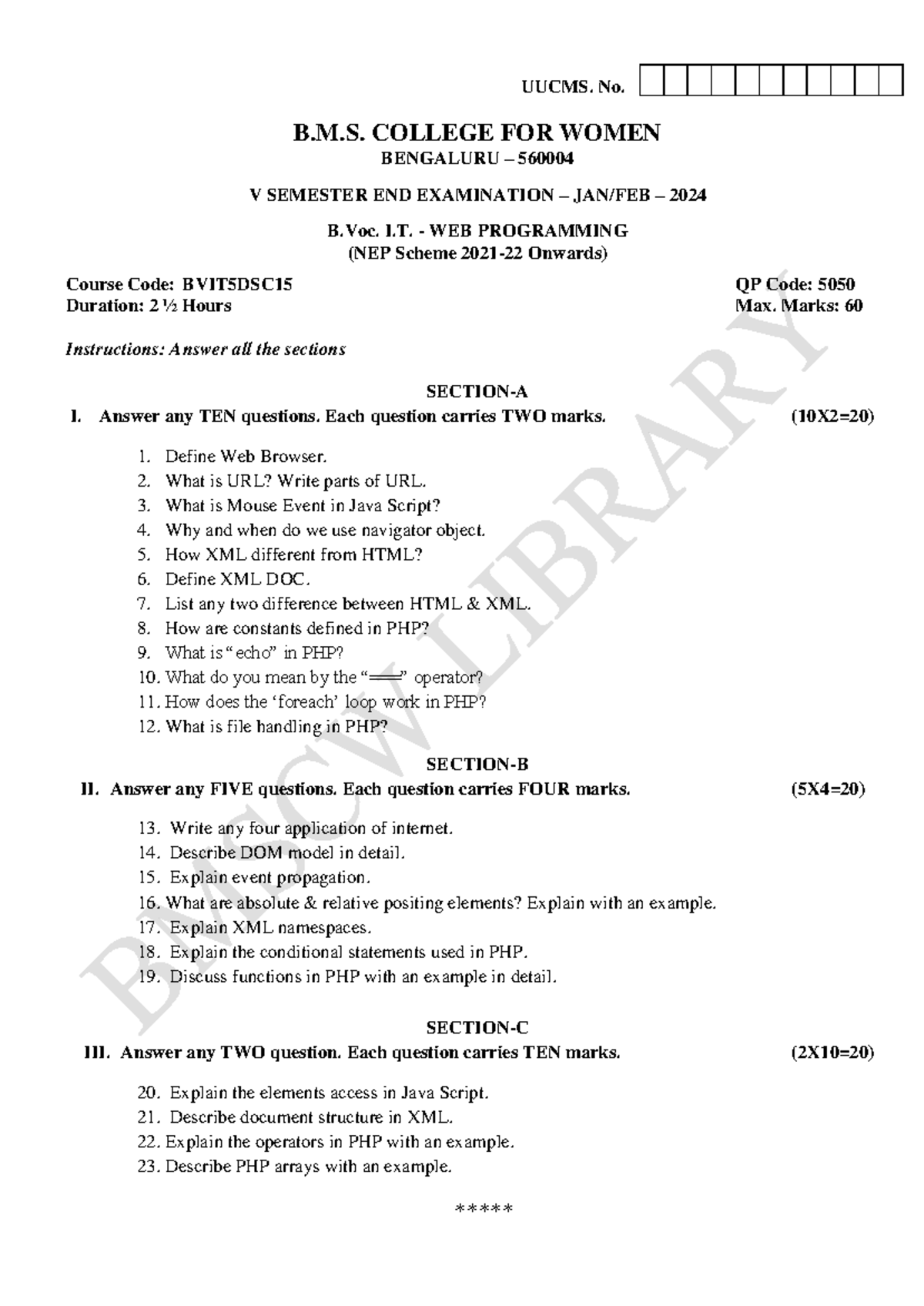 WEB Programming Final Exam - BVIT5DSC15 (QP Code: 5050) - Studocu