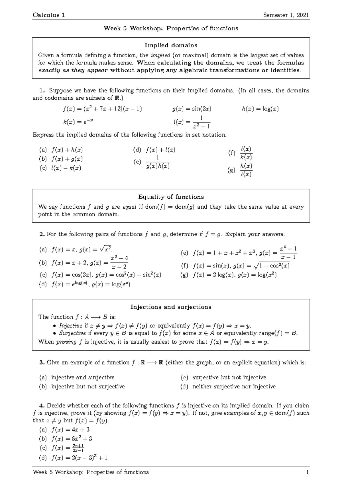 Workshop 5 questions for calculus 1 - Calculus 1 Semester 1, 2021 Week ...