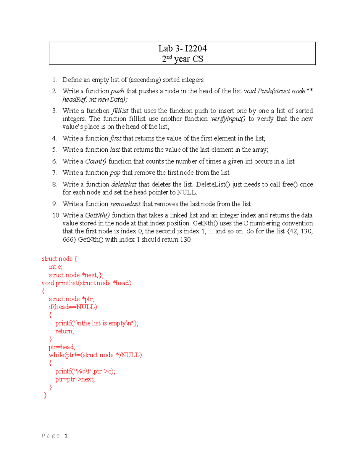 Lab I2204 2nd Year CS: Linked List Operations and Functions - Studocu