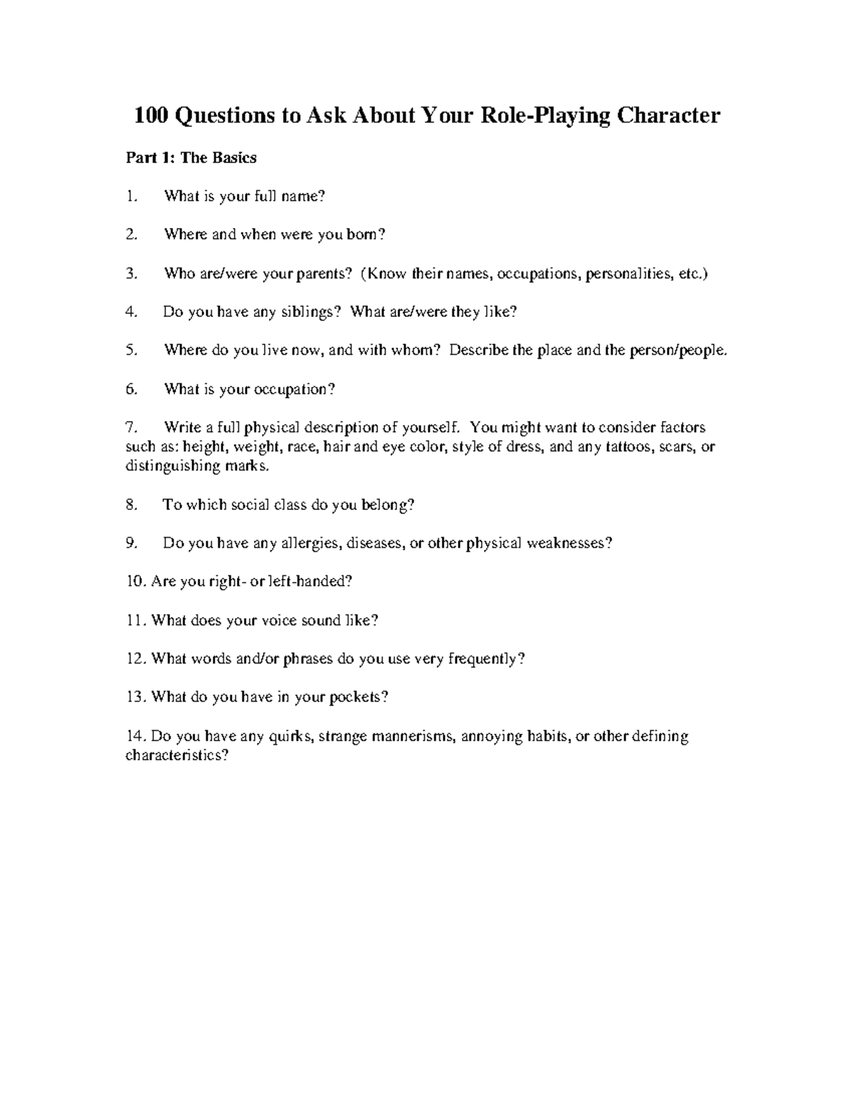 100 Questions to Develop Your RPG Character: Part 1 Basics & More - Studocu