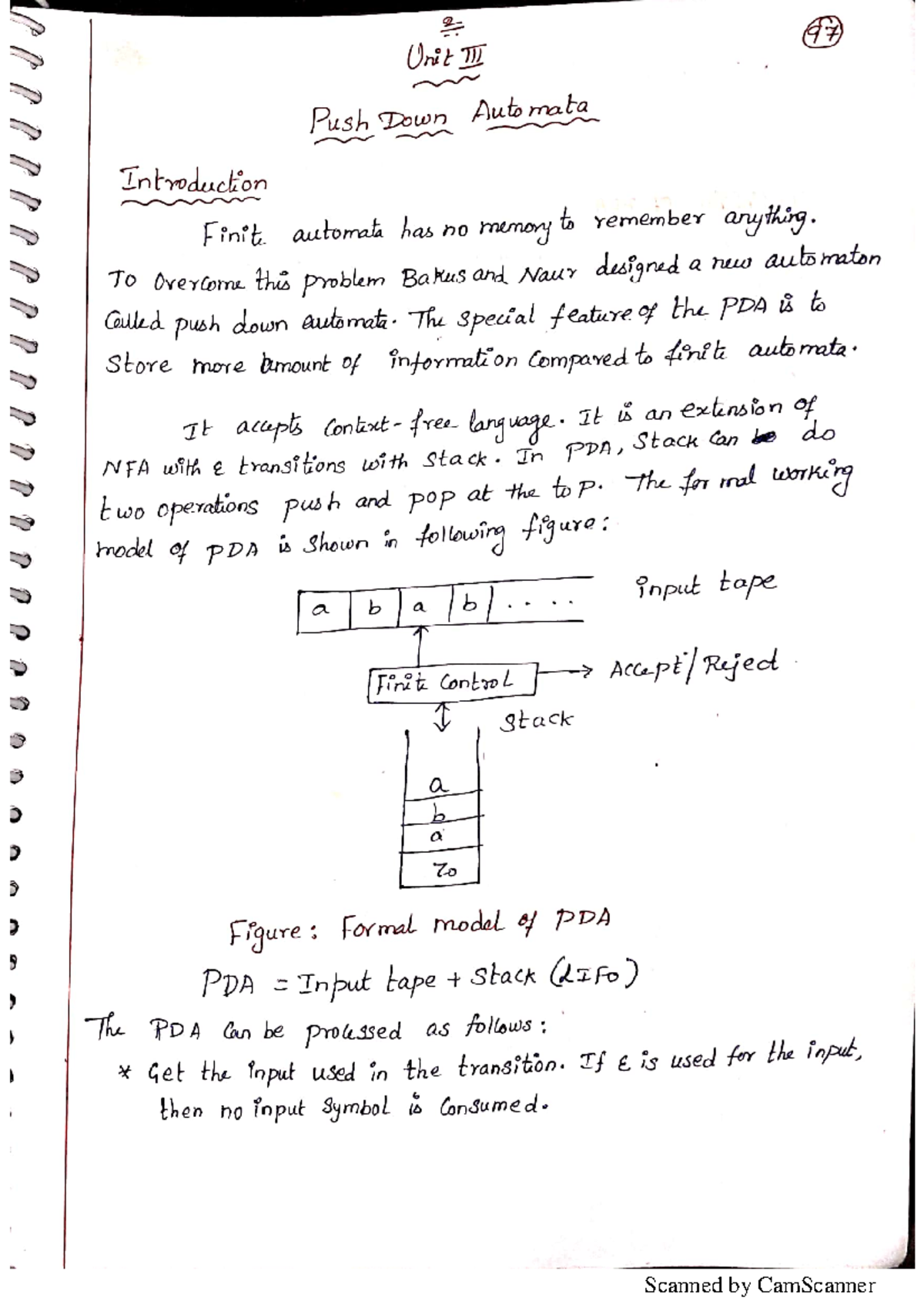 Unit 3 - Push Down Automata (PDA) Notes & Concepts for FLA - Studocu