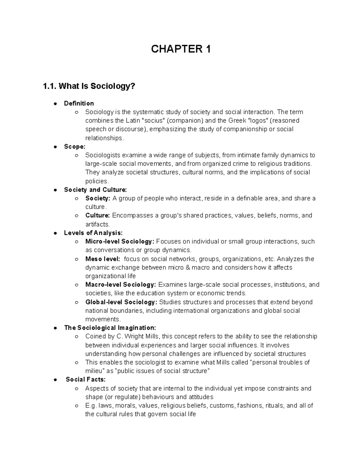 Chapter 1 - Textbook Notes - CHAPTER 1 1. What Is Sociology? Definition ...