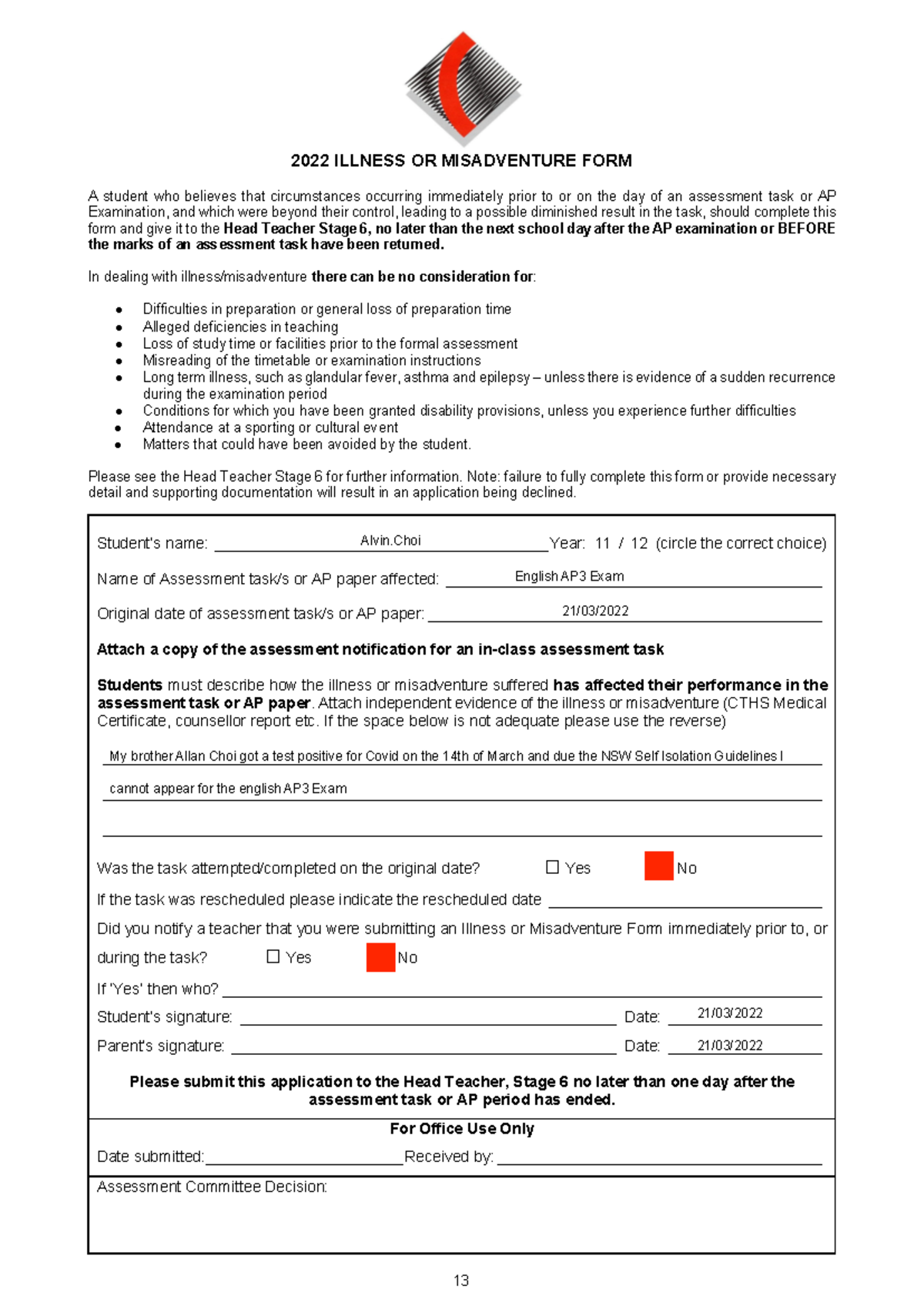 2022 AP3 Final Exam Illness or Misadventure Form Guide - Studocu