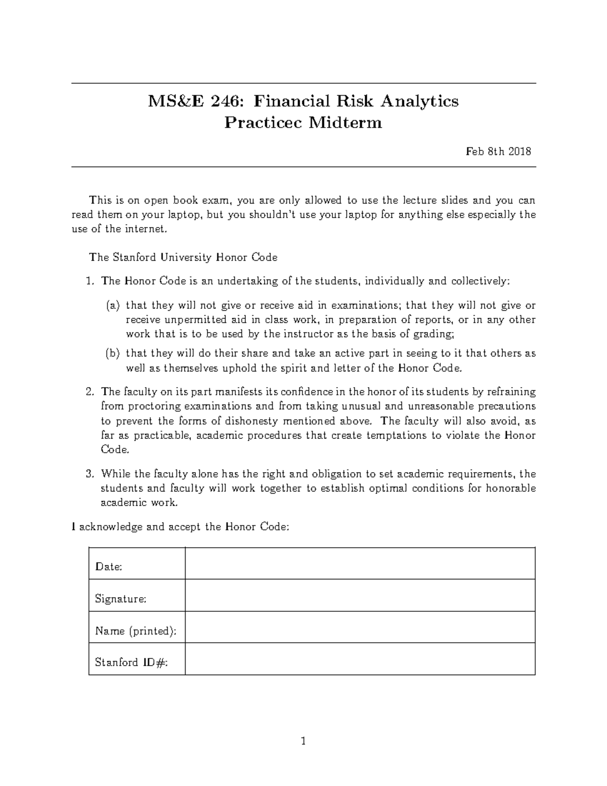 MS&E 246: Financial Risk Analytics Practice Midterm - Studocu