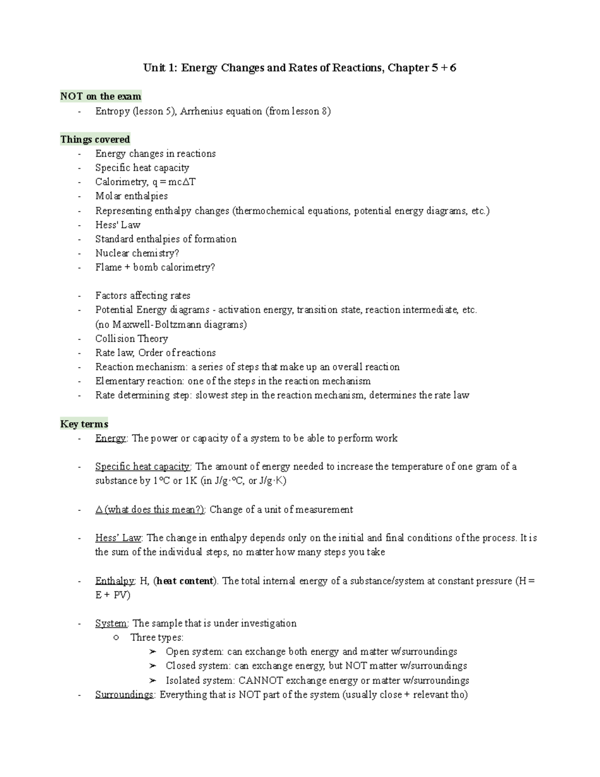 Chem 101 - Energy Changes & Reaction Rates - Study Notes - Studocu