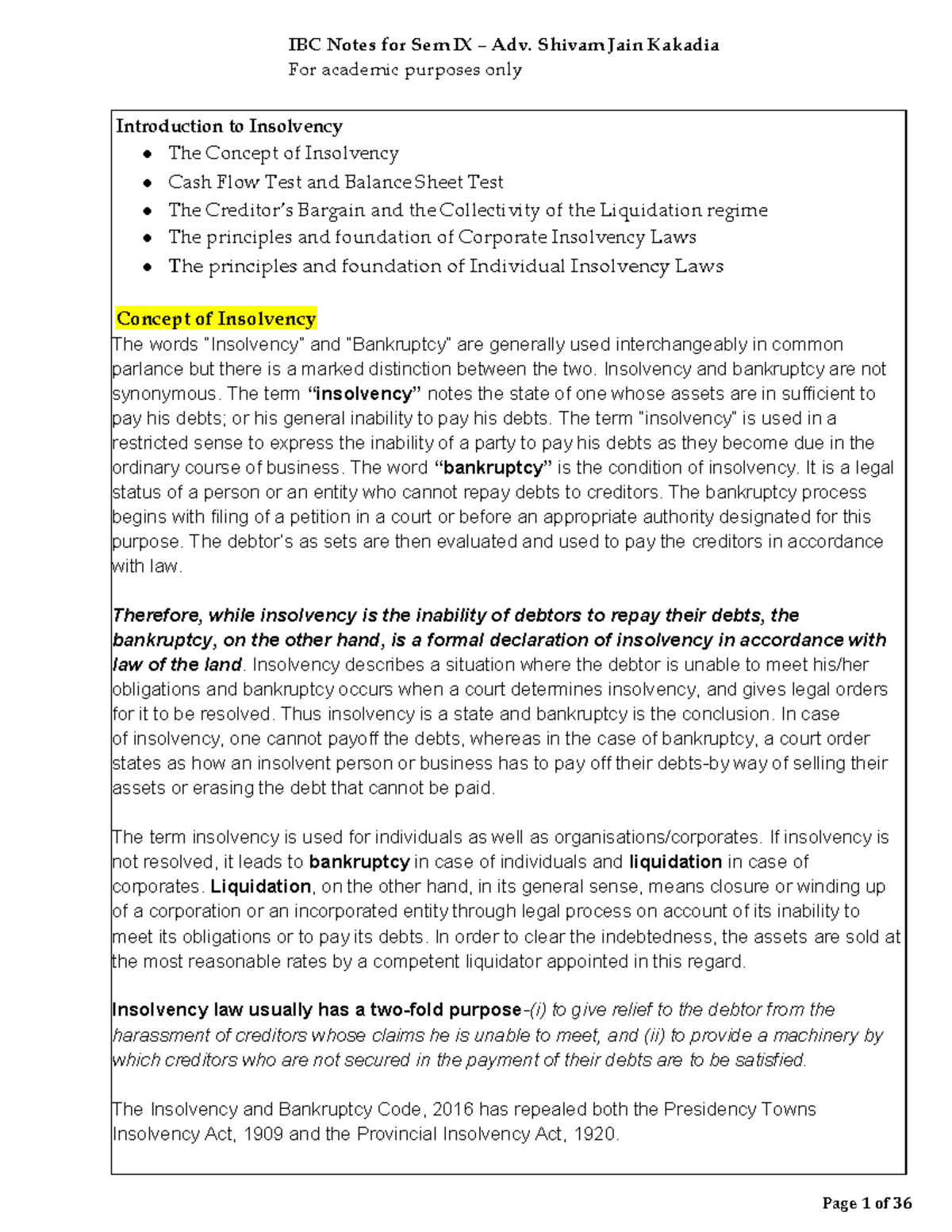 IBC Notes for Sem IX: Understanding Insolvency and Bankruptcy Concepts ...